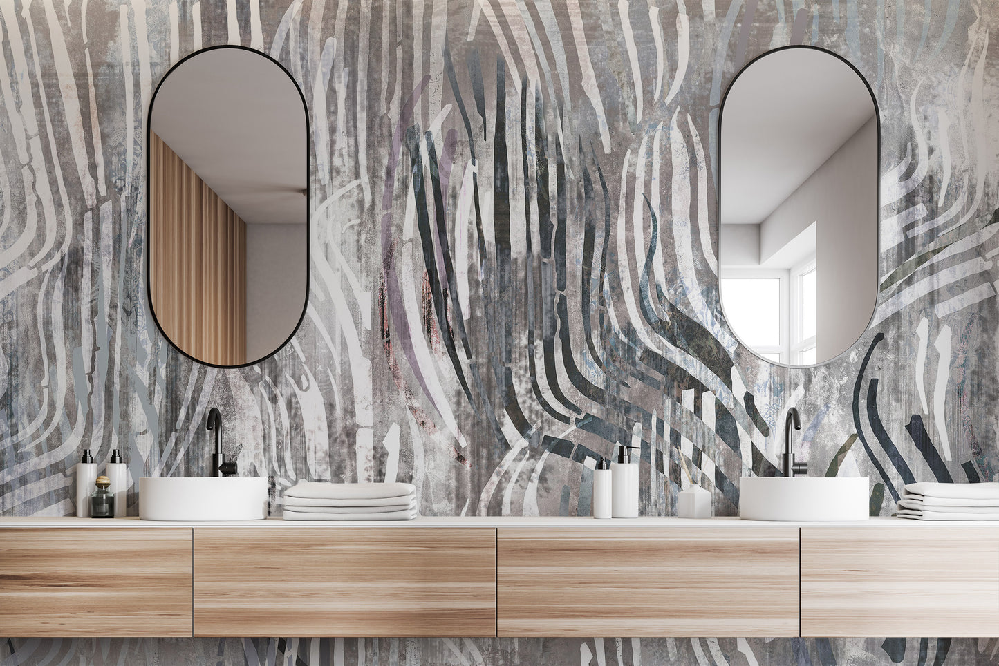 Dynamic modern wave design for a chic wall mural.
