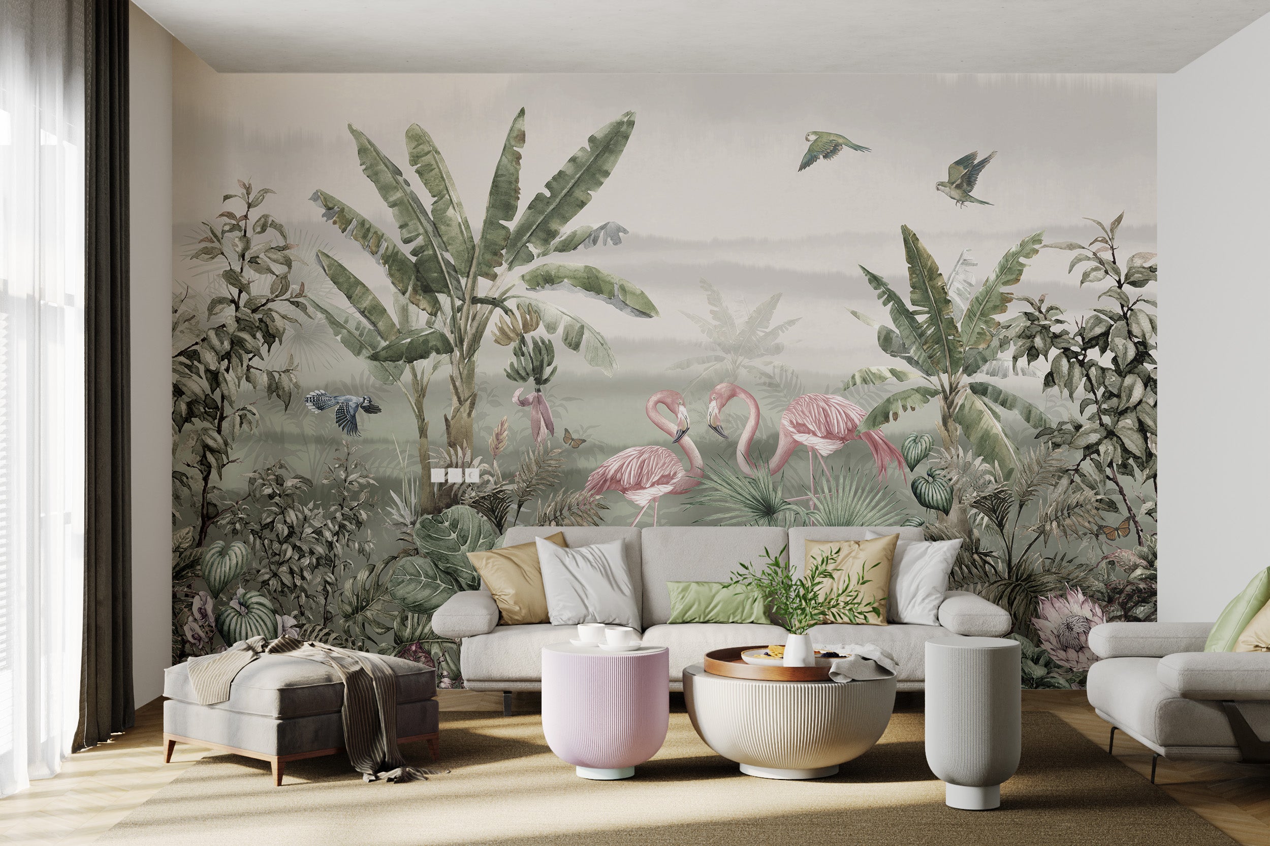 Pink flamingos and palm trees in wall mural