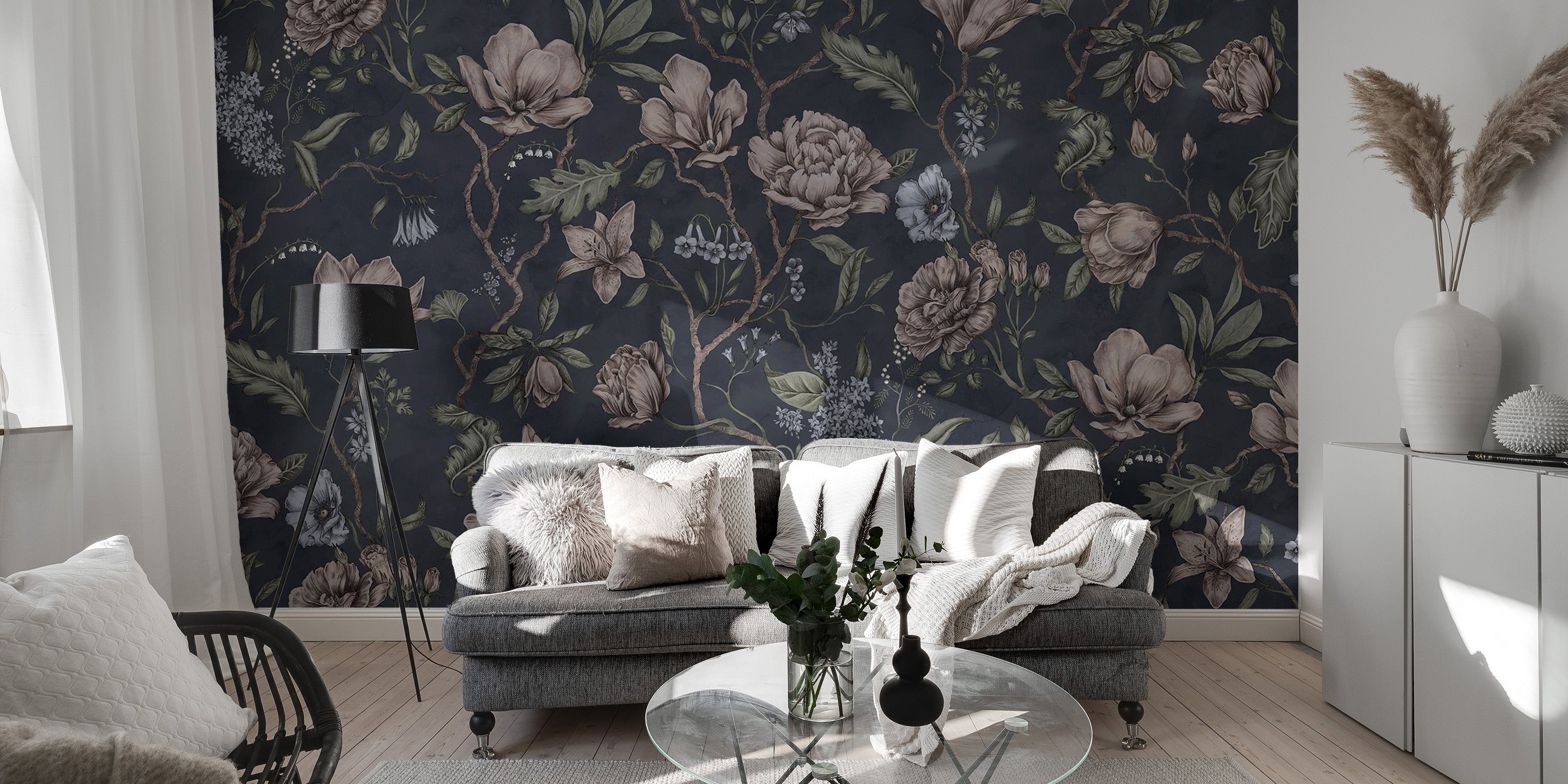 Bold chinoiserie mural in dark blue for dramatic decor