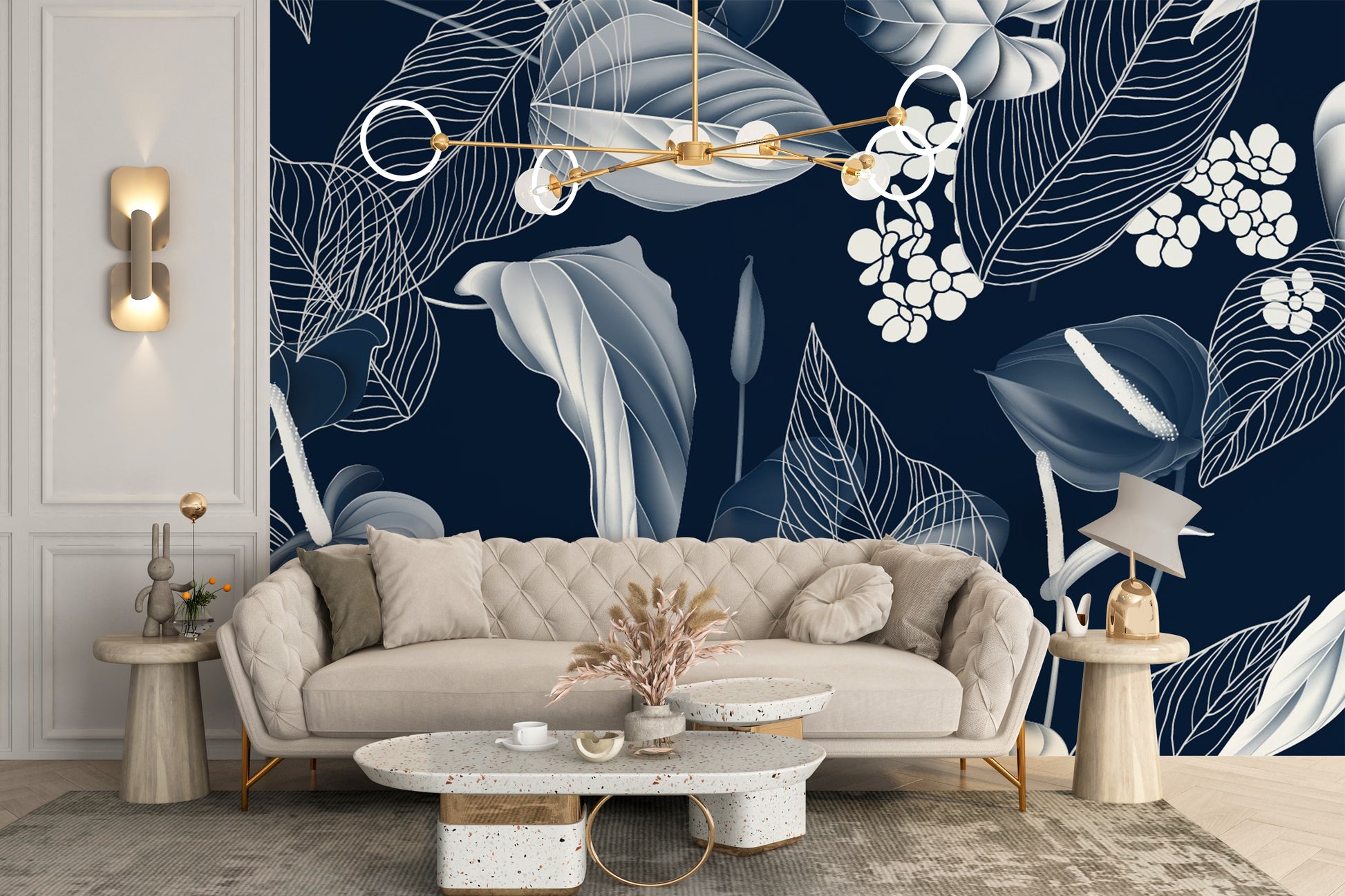 Sophisticated dark blue wallpaper mural design
