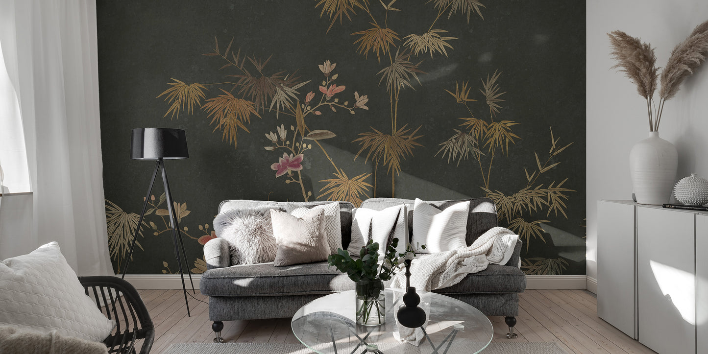 Scenic bamboo garden mural in chinoiserie style for walls