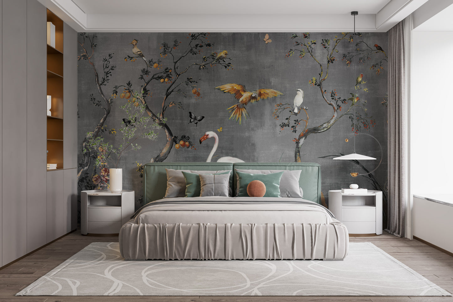 Watercolor exotic bird mural for interiors.
