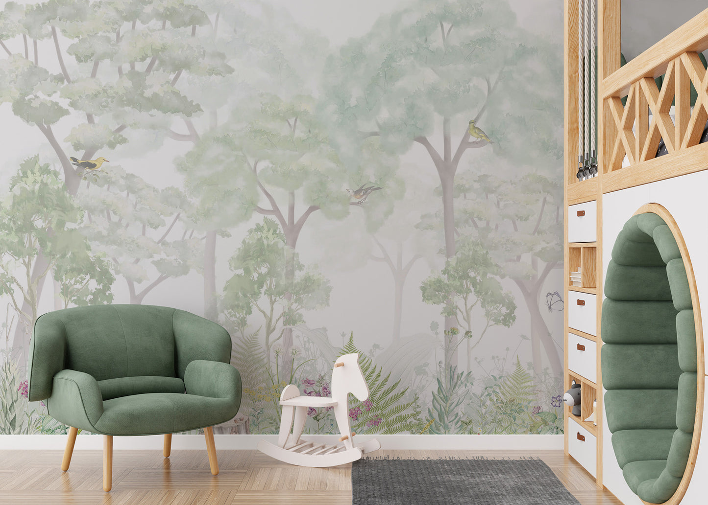 Serene woodland wall mural for calming room decor
