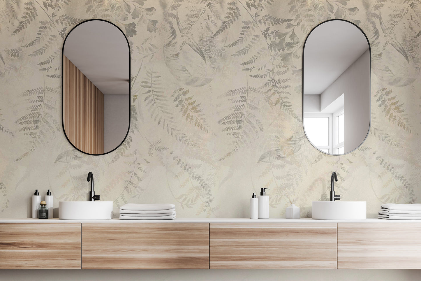 Sophisticated tropical leaf wallpaper in beige tones
