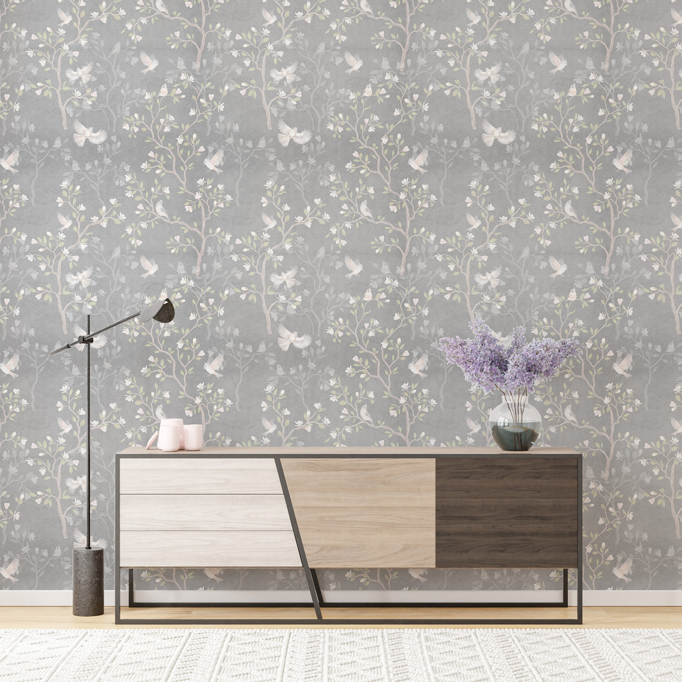 Grey Color Chinoiserie Design Magnolia Tree Birds Wallpaper