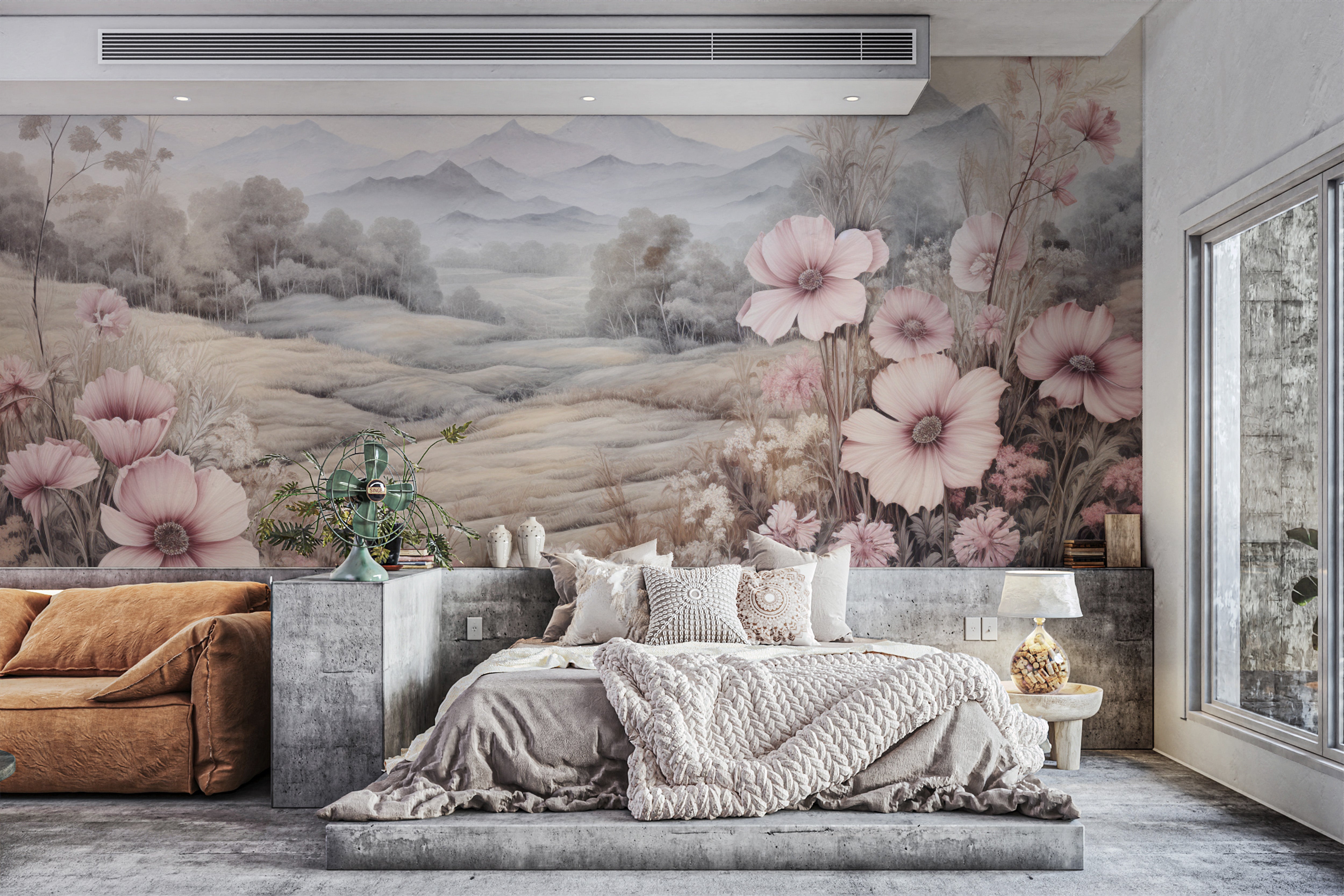 Elegant floral mountain scenery mural
