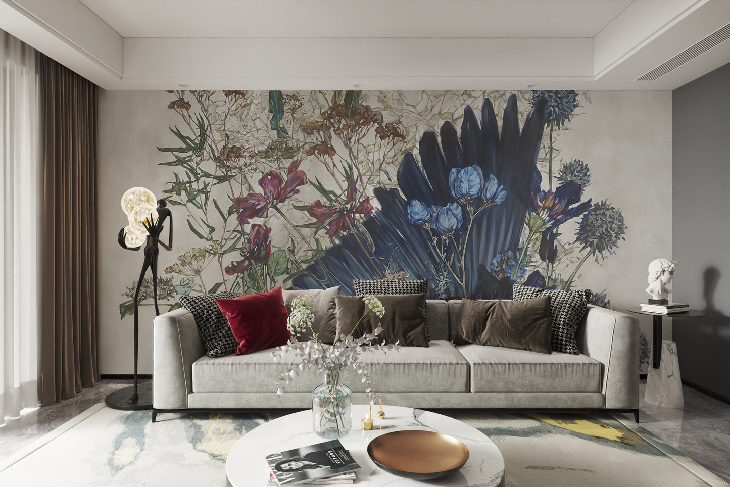 Removable watercolor floral mural for tranquil interiors