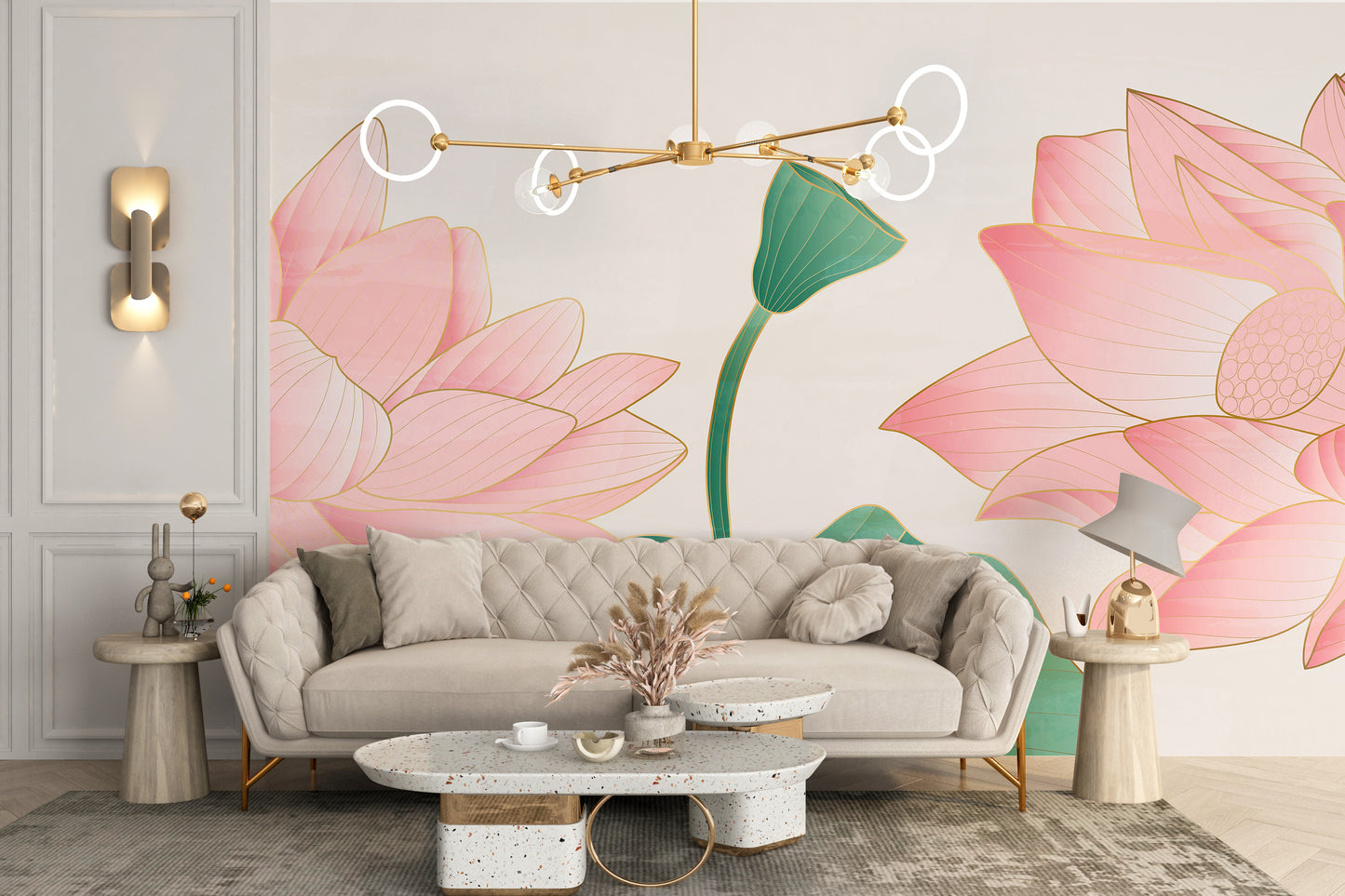 Luxurious golden pink petal mural look
