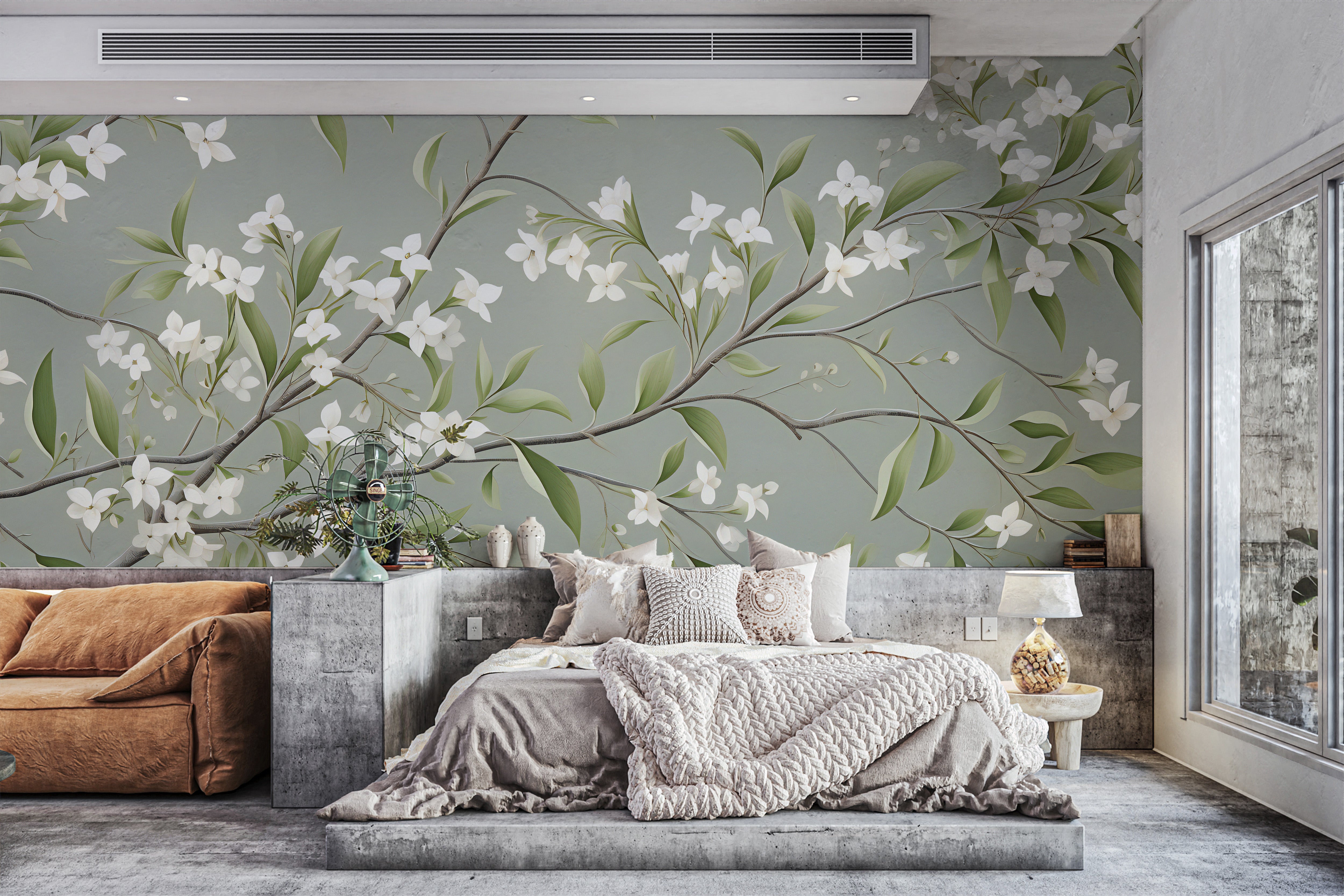 Traditional Asian-inspired floral wallpaper in soft hues
