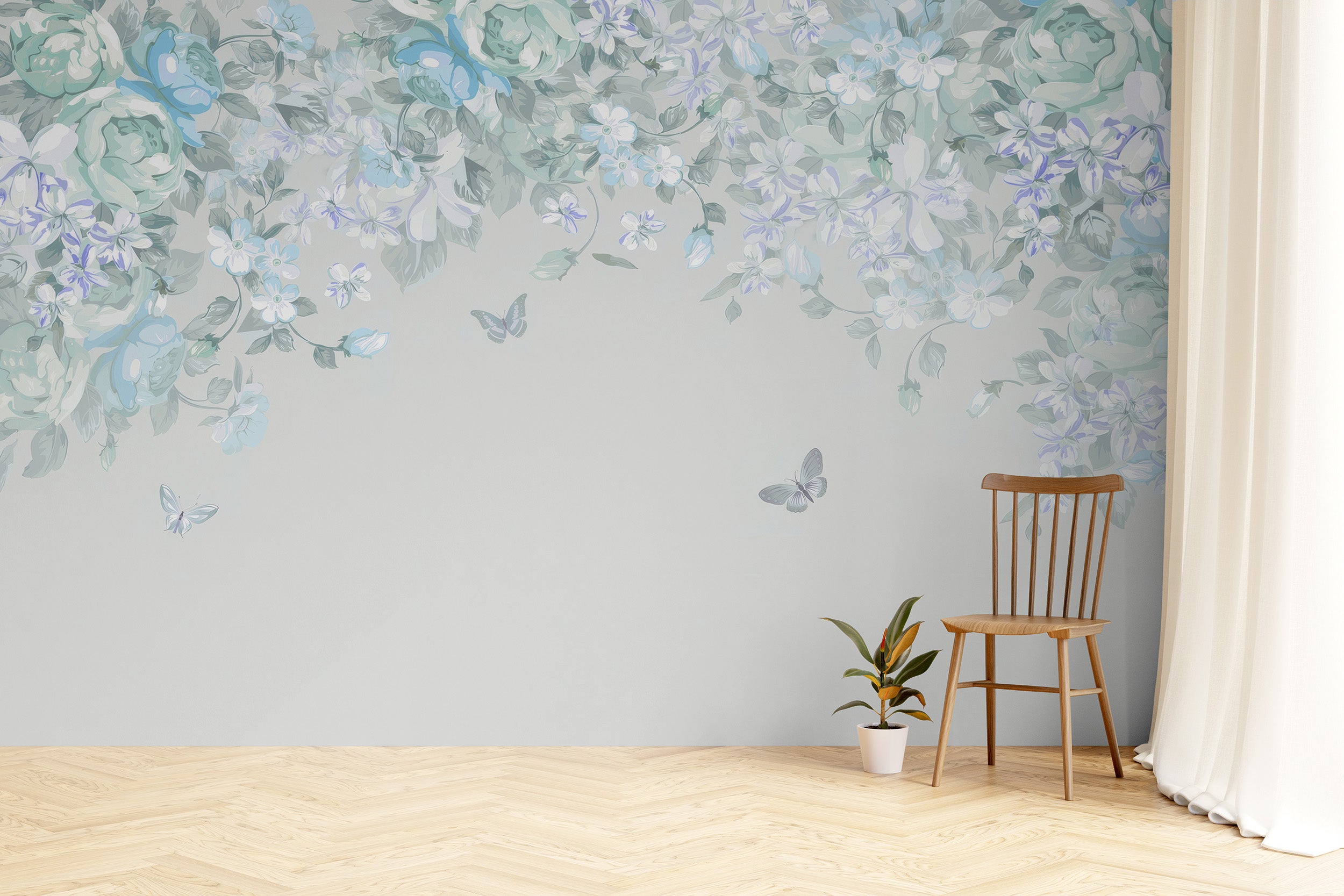 Whimsical Butterfly Meadow Wall Mural with soft pastel tones