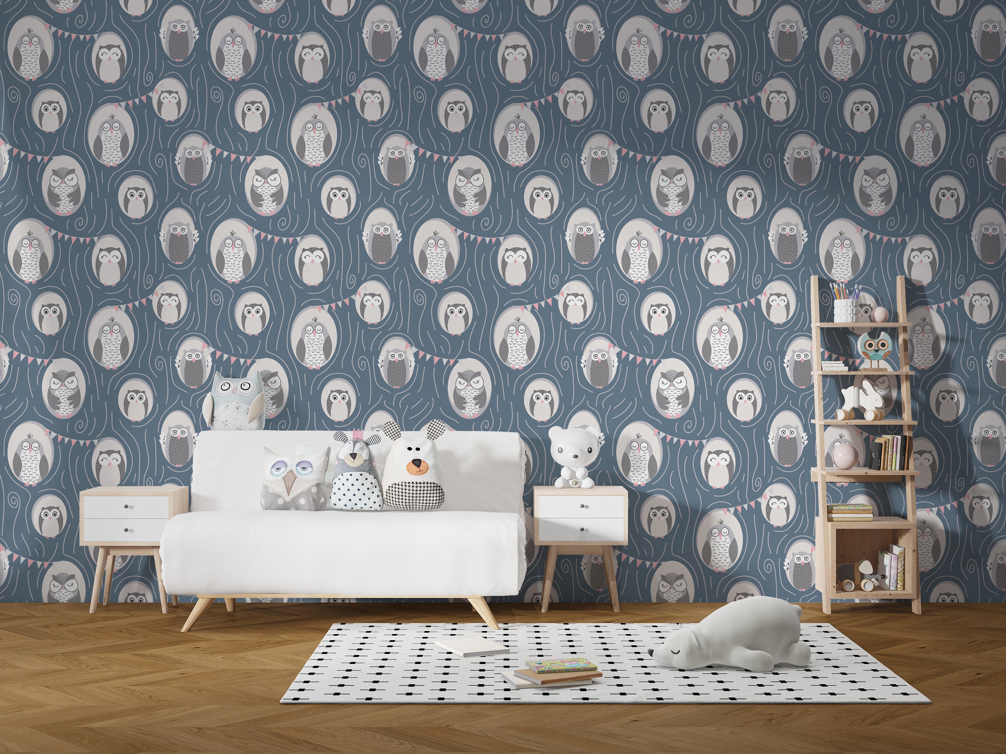 Owl-themed mural wallpaper with tree pattern
