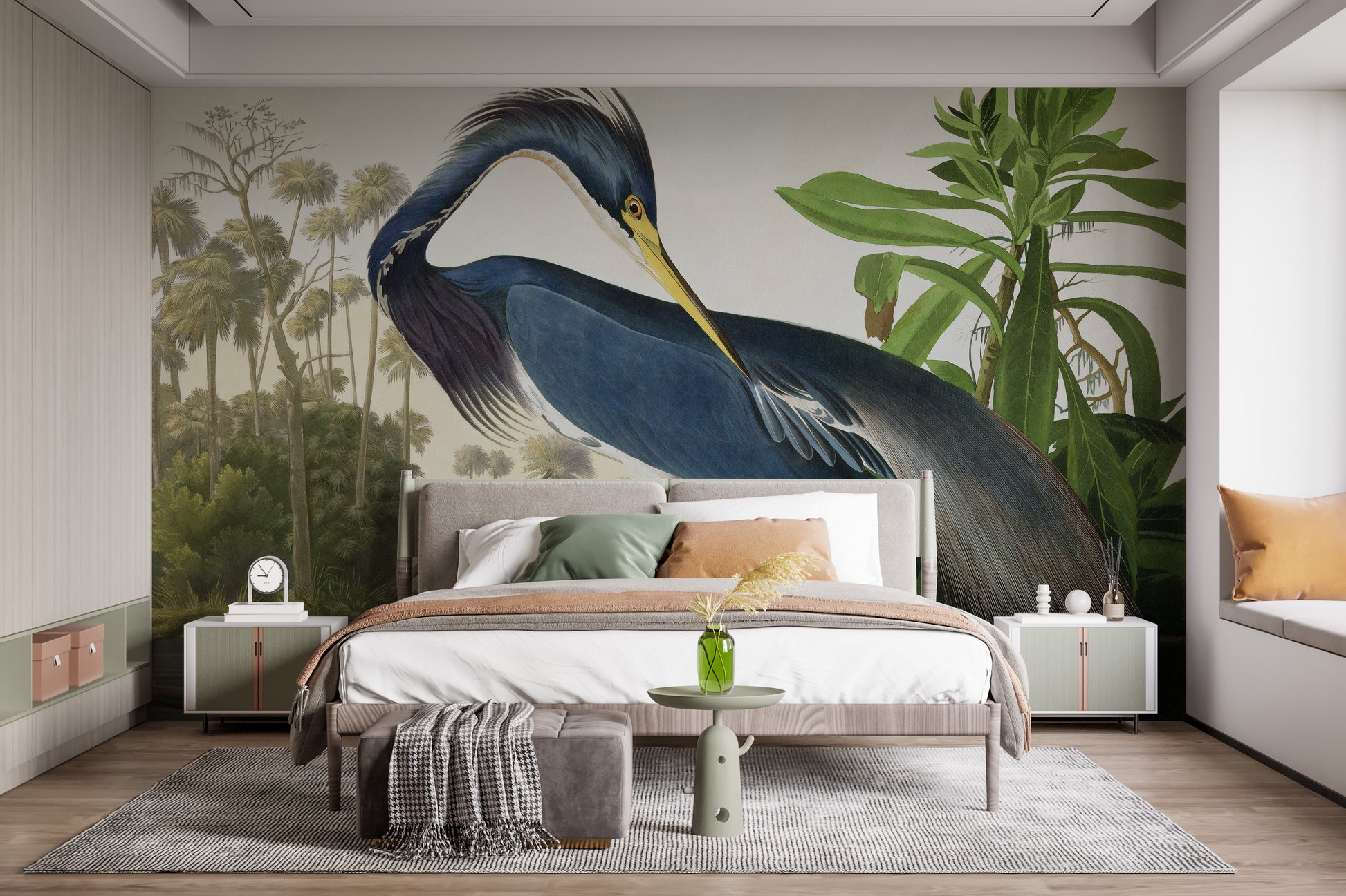 Watercolor heron wall mural for homes
