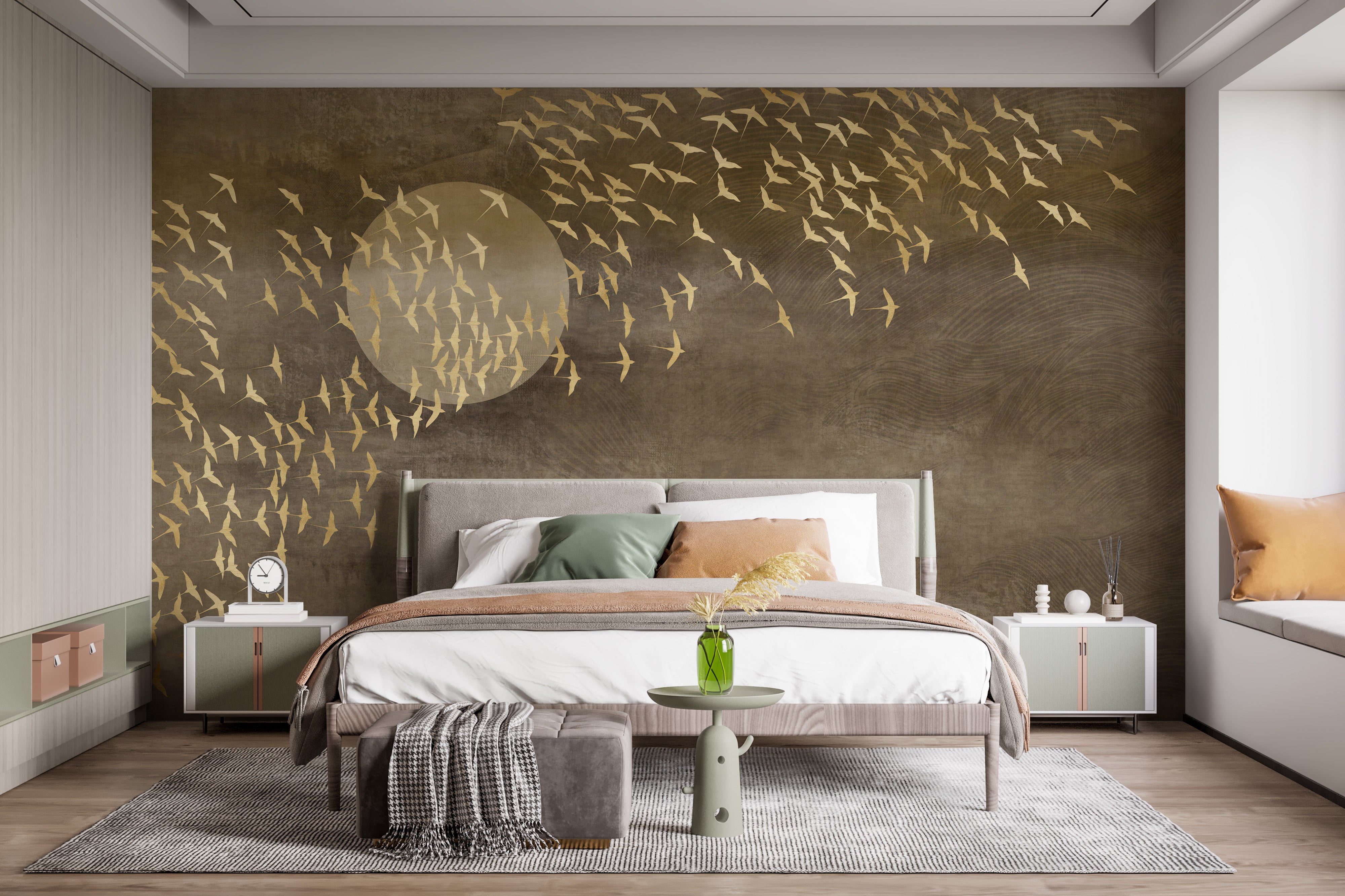 Warm brown and gold bird wall art design
