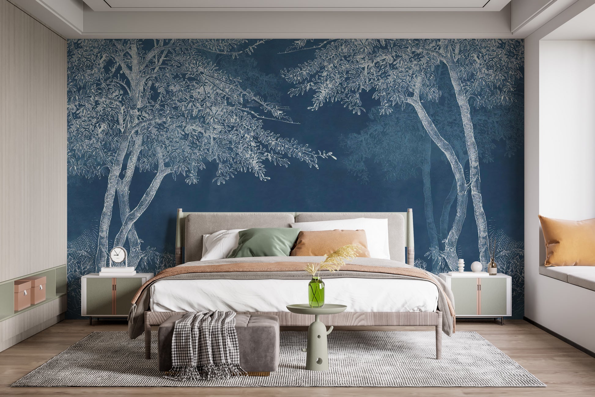 Indigo wilderness mural with forest design.
