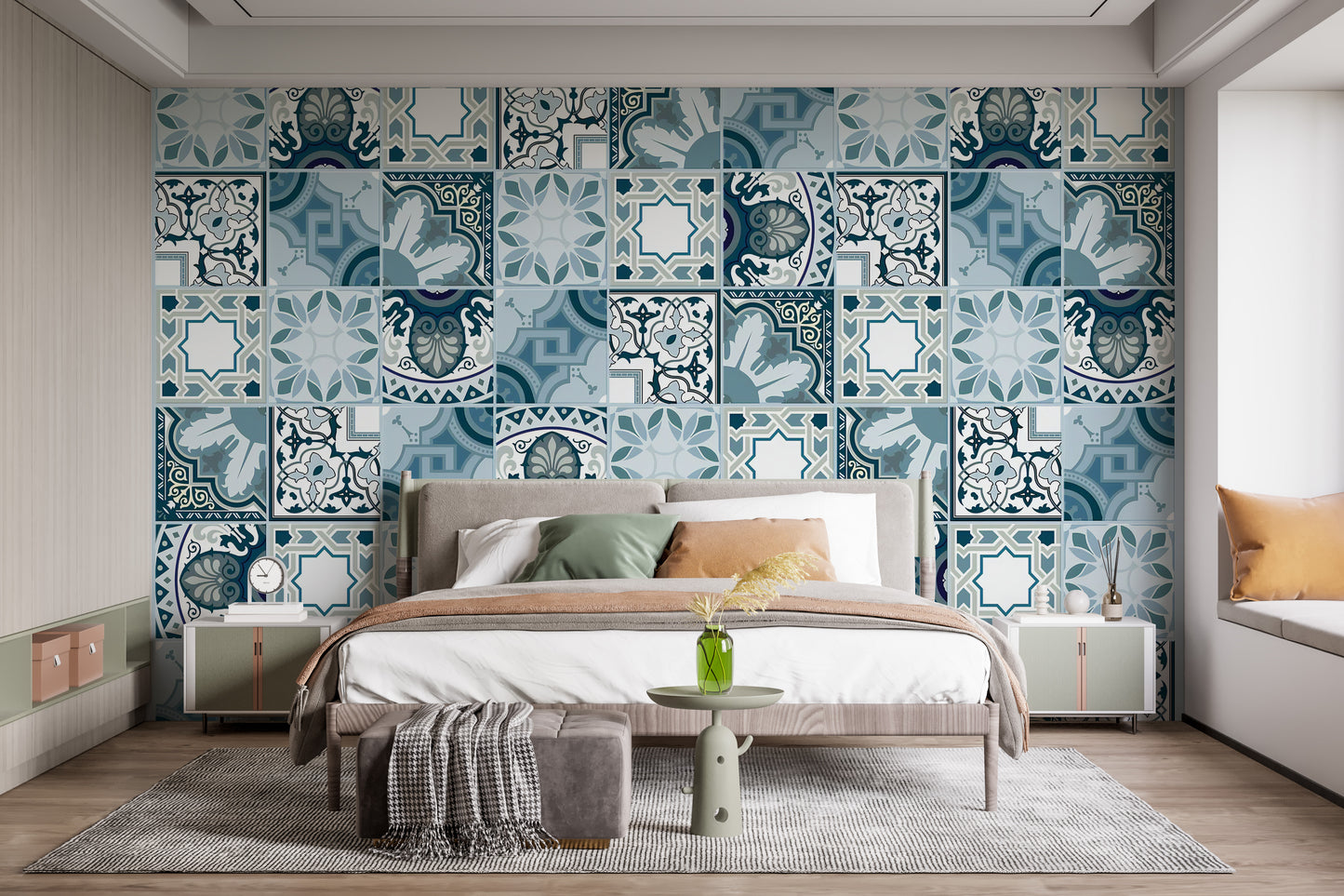 Blue geometric mosaic tile wall mural.
