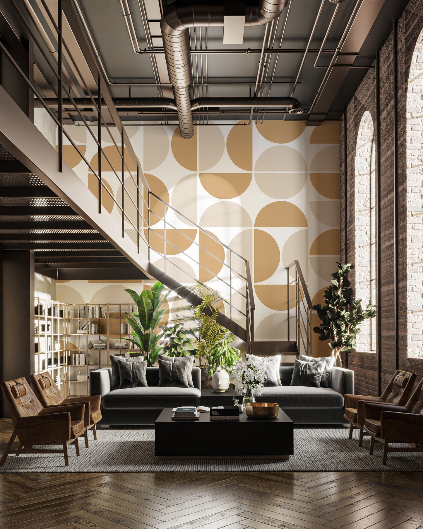 Neutral-tone wallpaper with structured geometric layout
