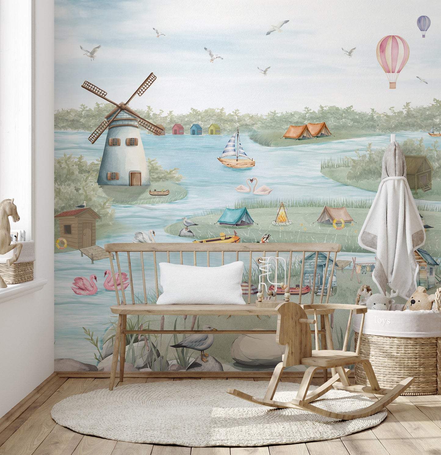 Colorful Boathouse Lakeside Wall Mural with beautiful details