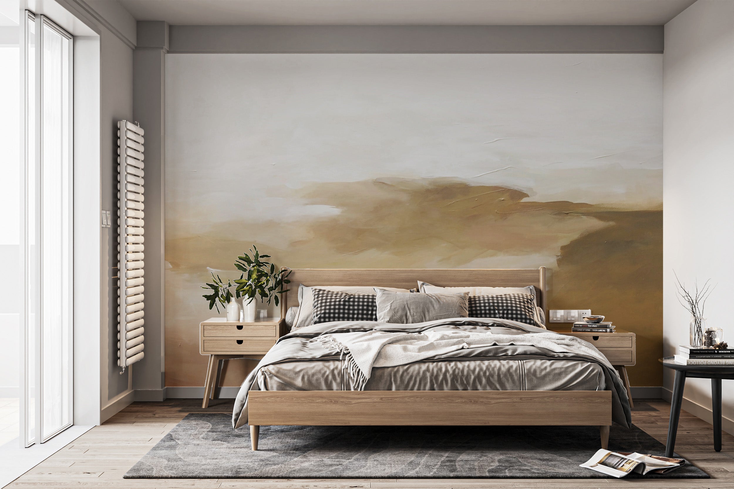 Golden watercolor mural for refined and elegant rooms
