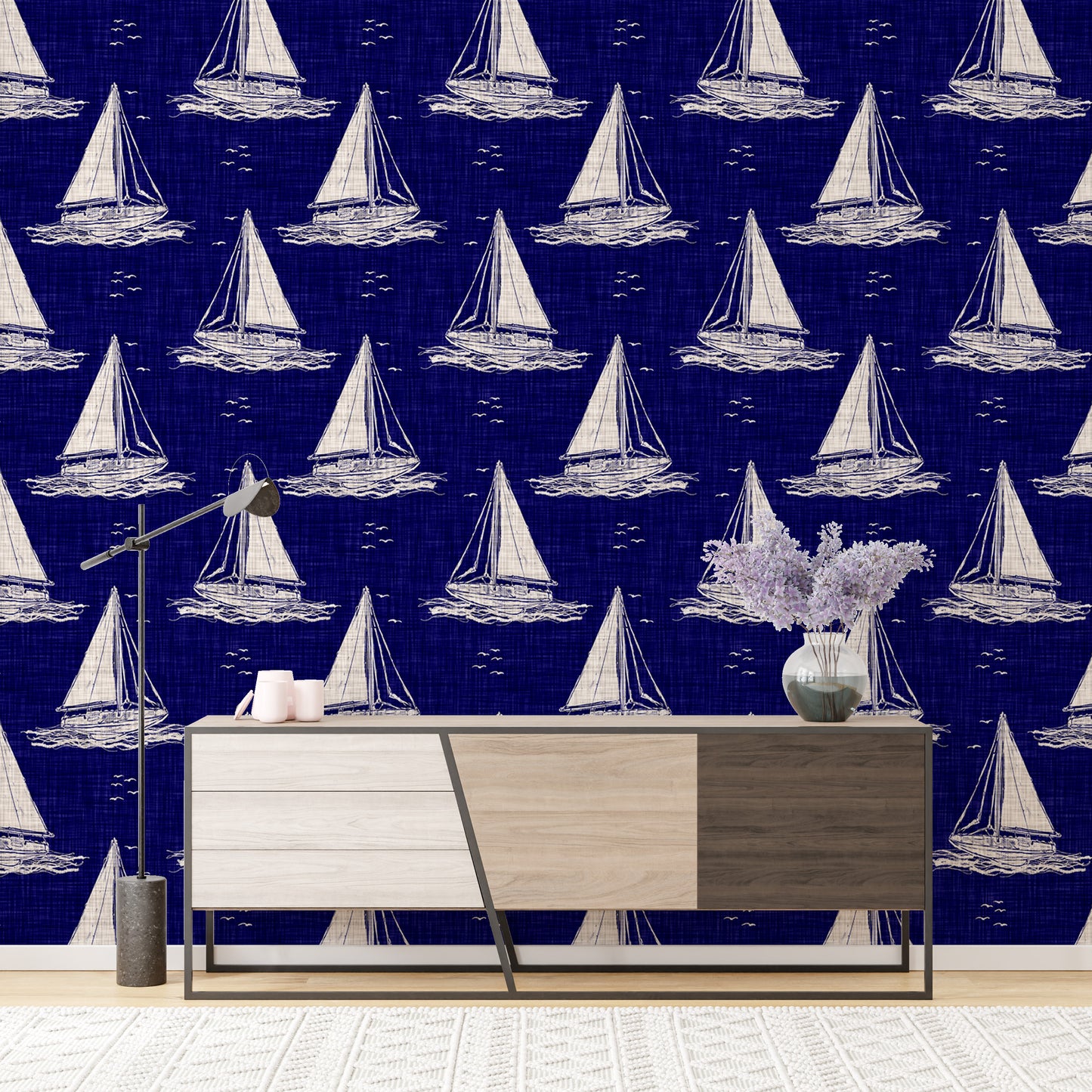 Blue and White Nautical Navy Sailing Boat Burlap Linen Wallpaper