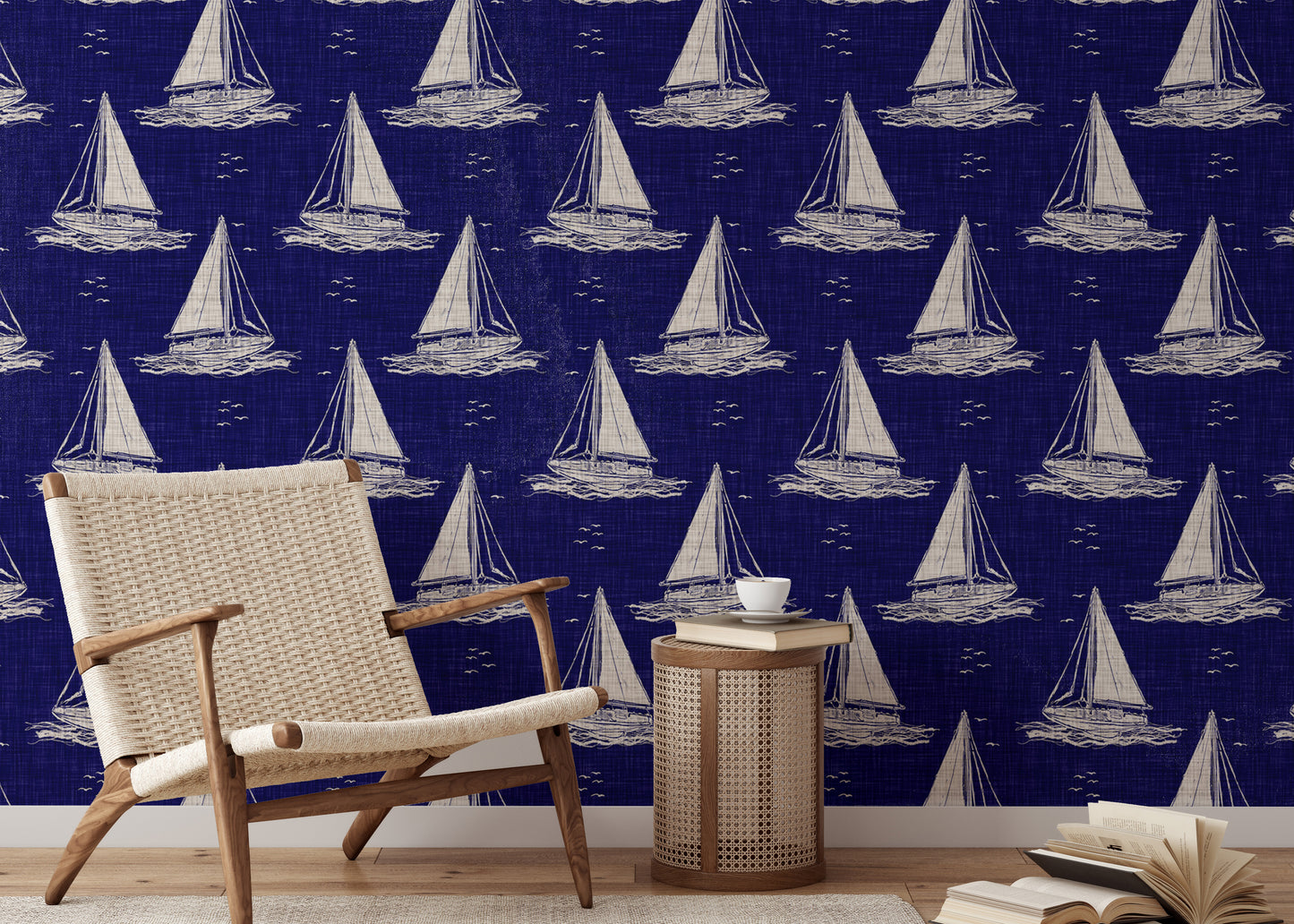 Blue and White Nautical Navy Sailing Boat Burlap Linen Wallpaper