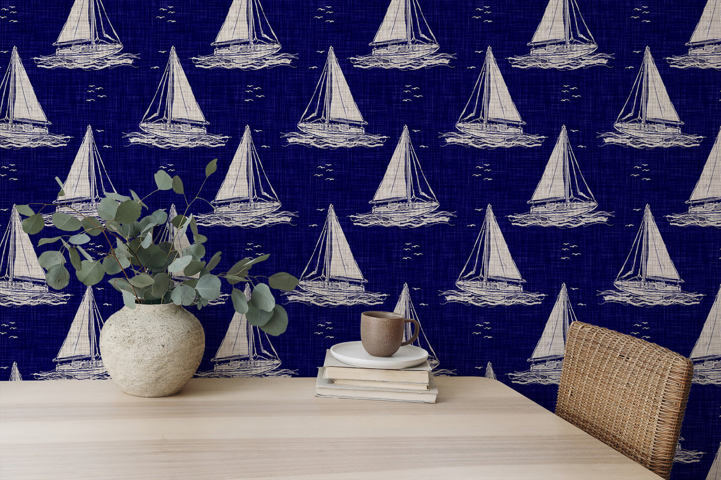 Blue and White Nautical Navy Sailing Boat Burlap Linen Wallpaper