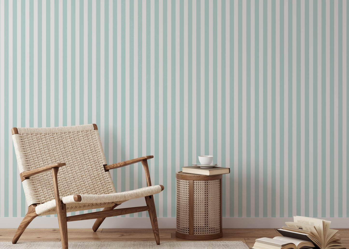 Preppy Wide Vertical Stripe Turquoise and White Color Wallpaper