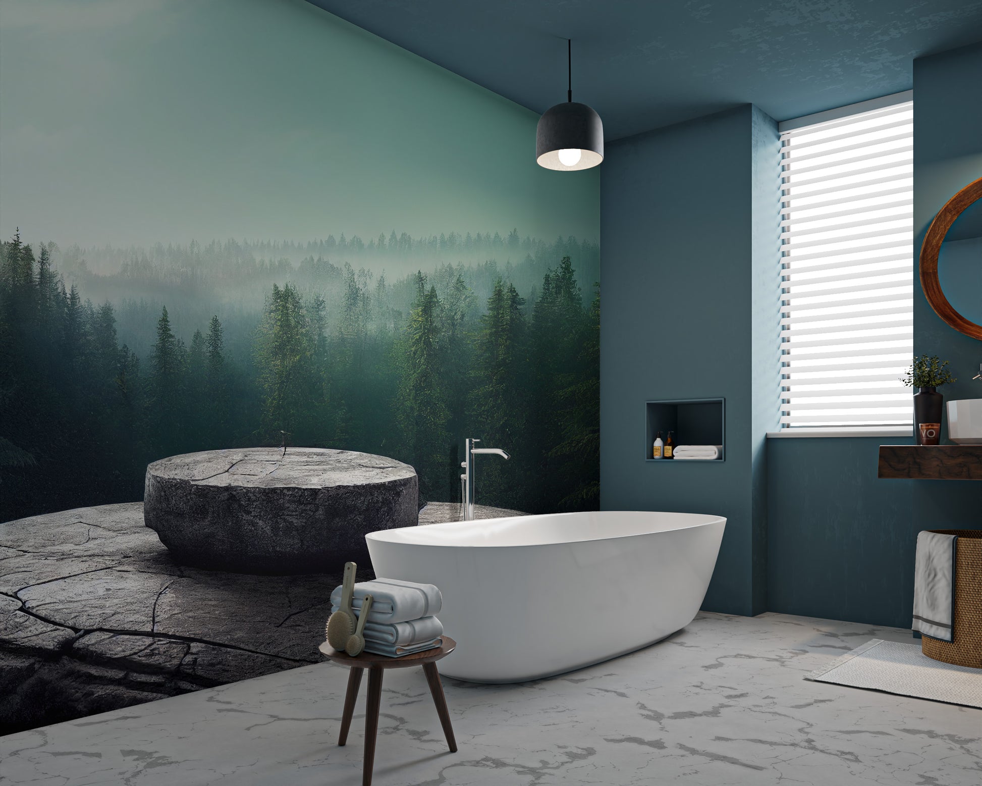 Nature-inspired stone podium wallpaper design
