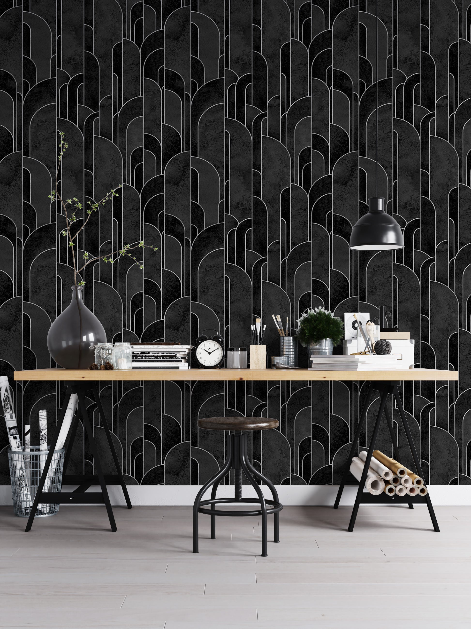 Modern black Art Deco pattern wallpaper for walls.