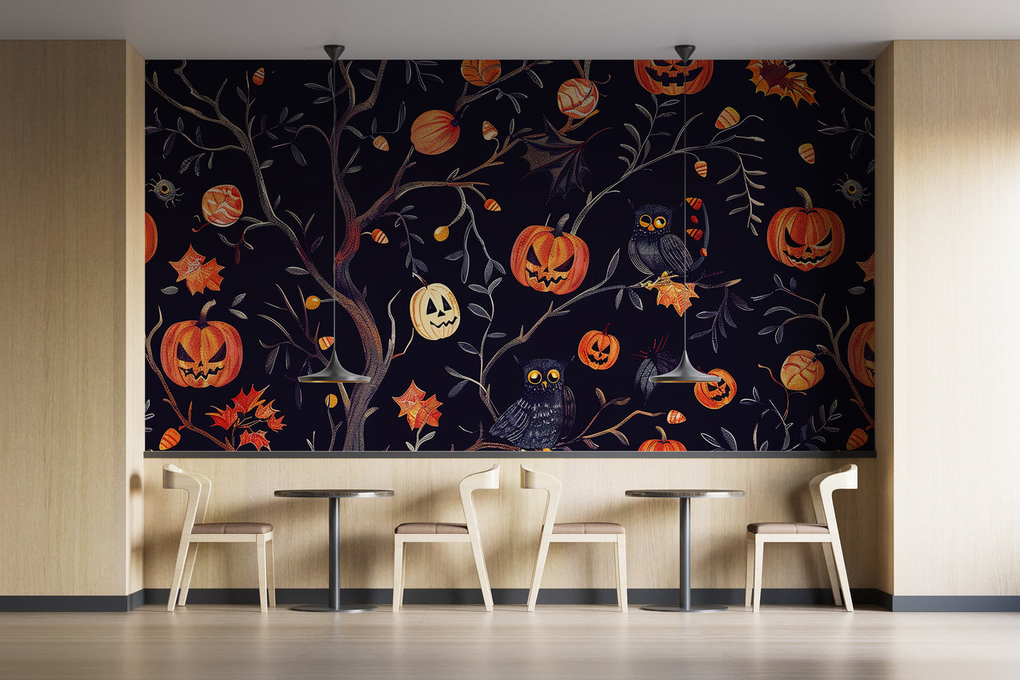 Charming Halloween wall mural with owls and pumpkin motifs
