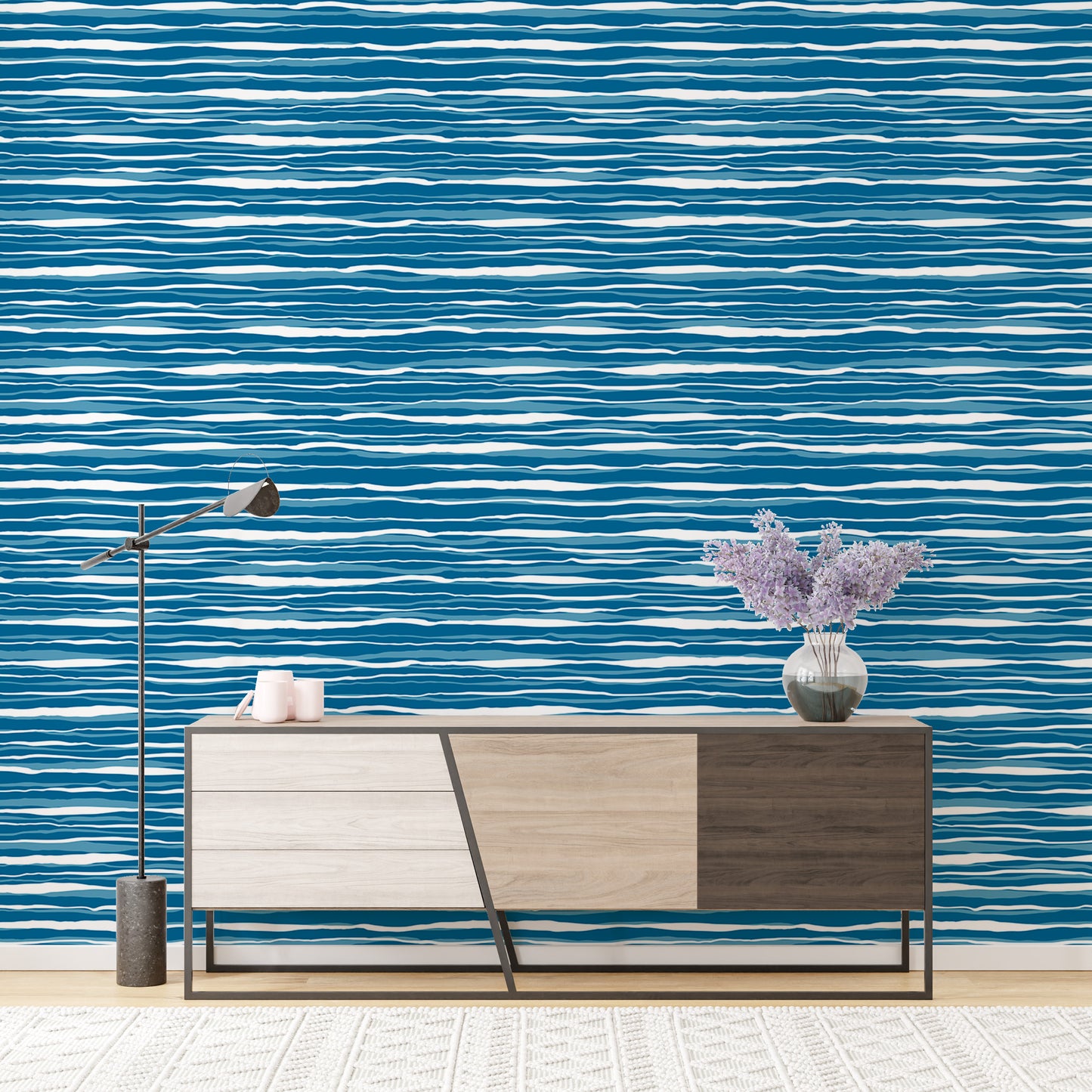 Vector Blue Ocean Waves Hand Drawn Water Stripes Tile Wallpaper