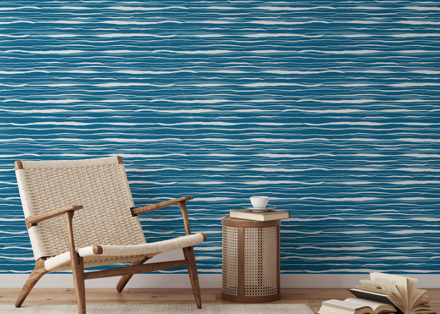 Vector Blue Ocean Waves Hand Drawn Water Stripes Tile Wallpaper