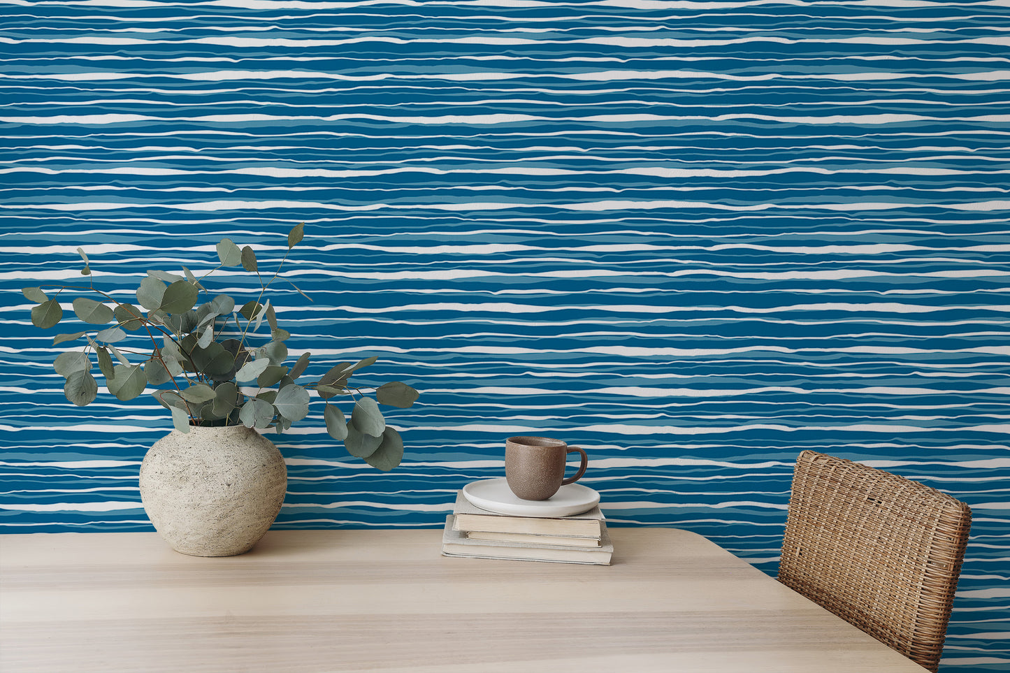 Vector Blue Ocean Waves Hand Drawn Water Stripes Tile Wallpaper