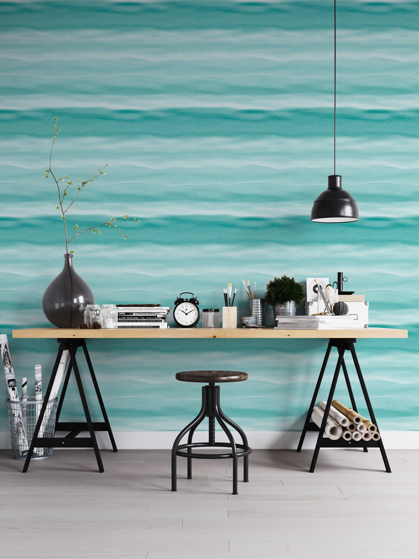 Aegean Teal Blue Wavy Stripe Marine Texture Wallpaper