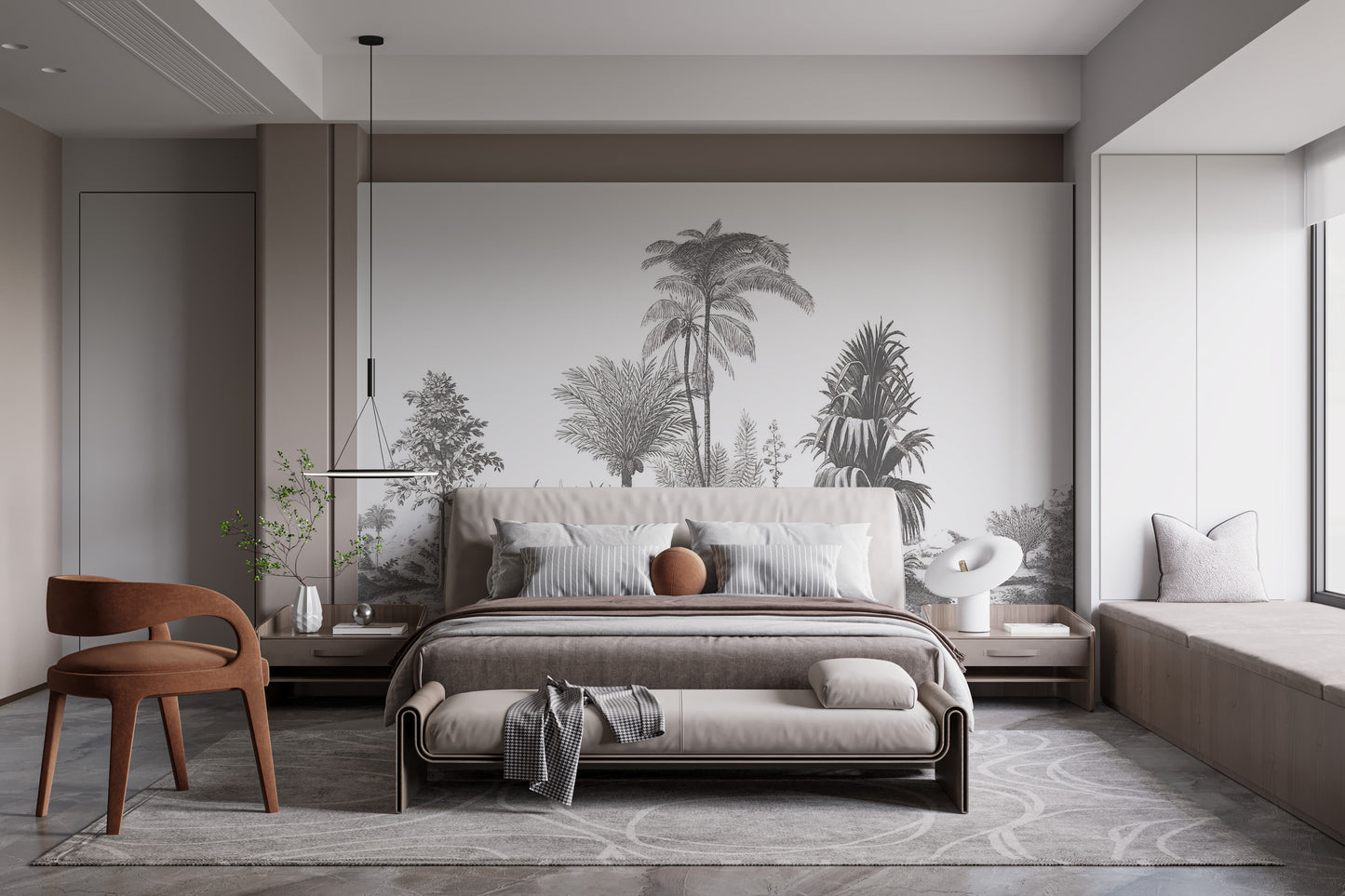 Serene palm tree mural with greystone tones