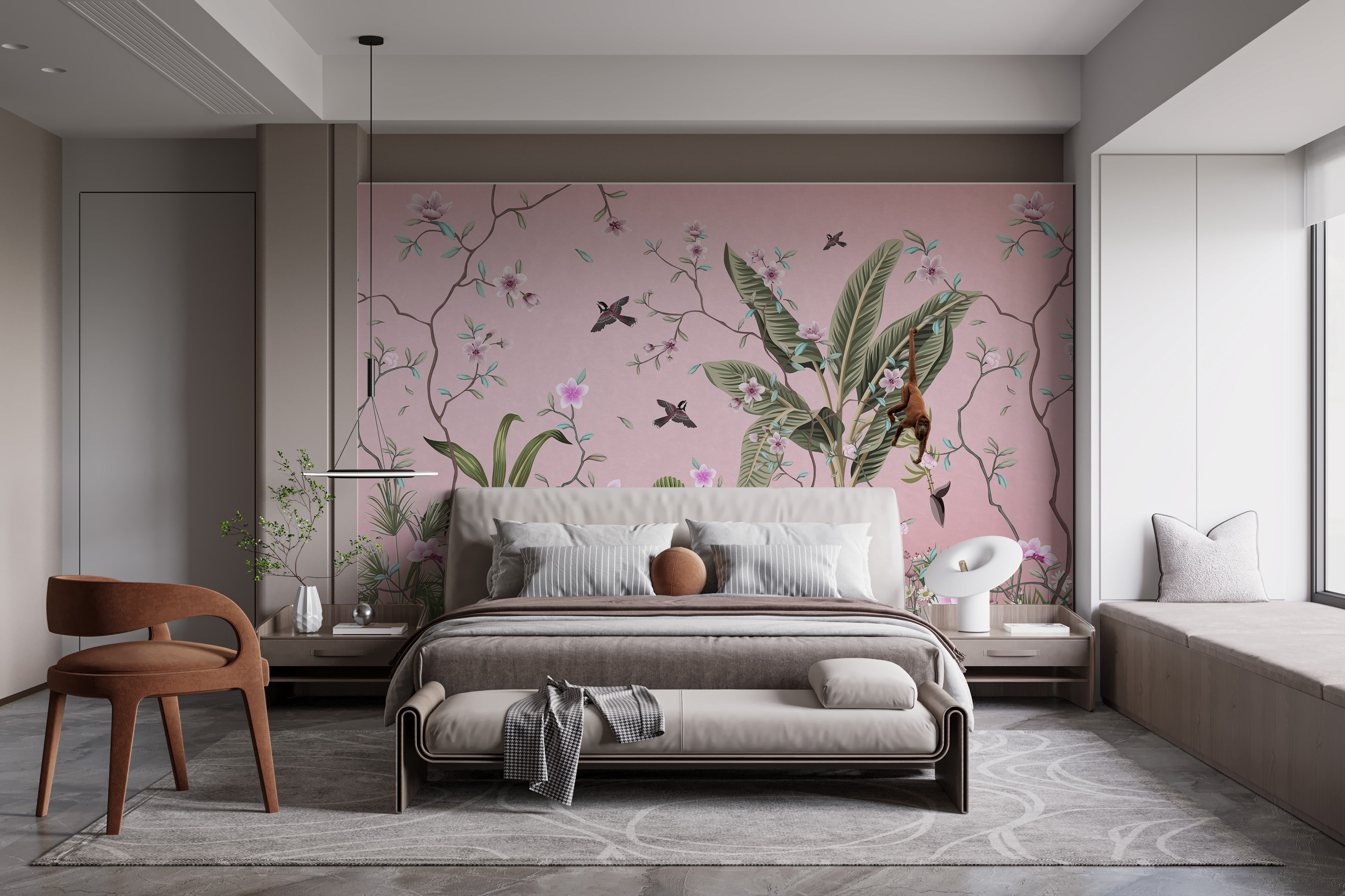 Artistic floral patterns on wall mural.
