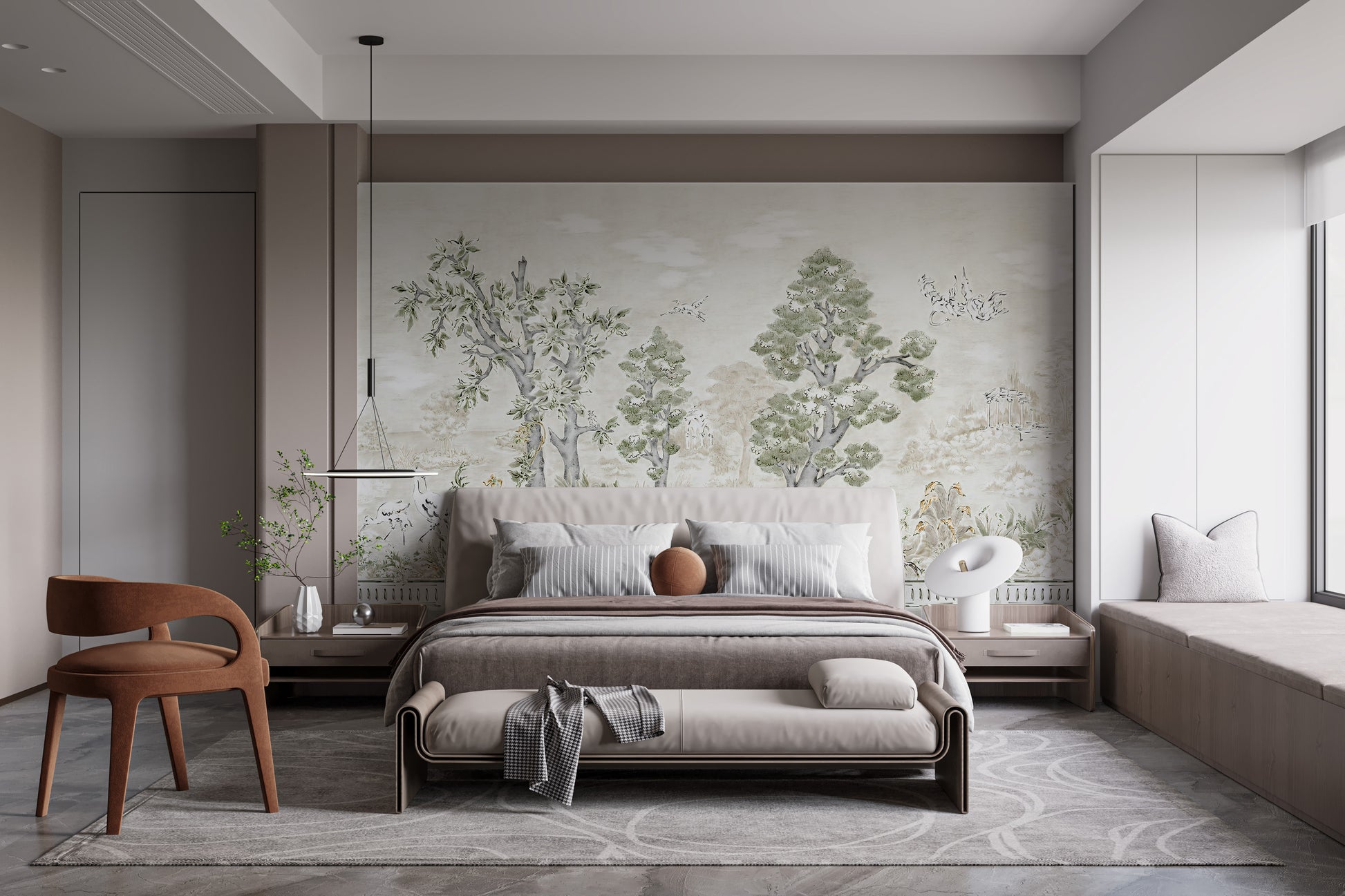 Lush tree canopy mural in soft pastel hues.
