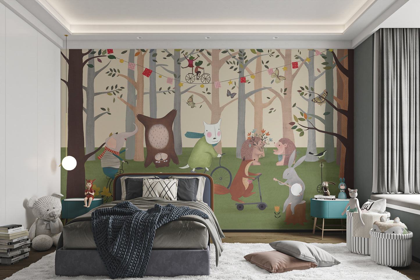 Artistic kids room mural of animals in the forest