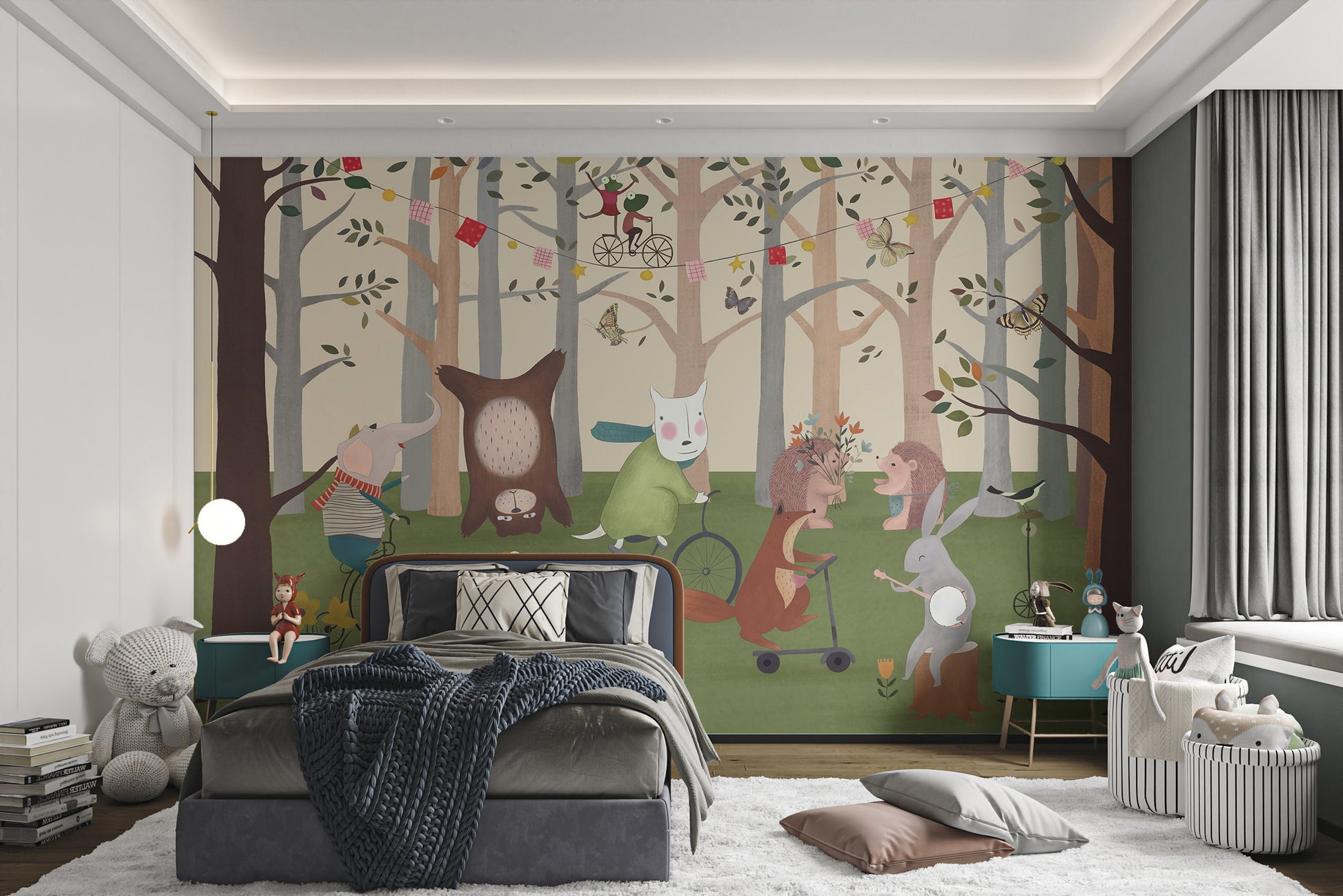 Artistic kids room mural of animals in the forest