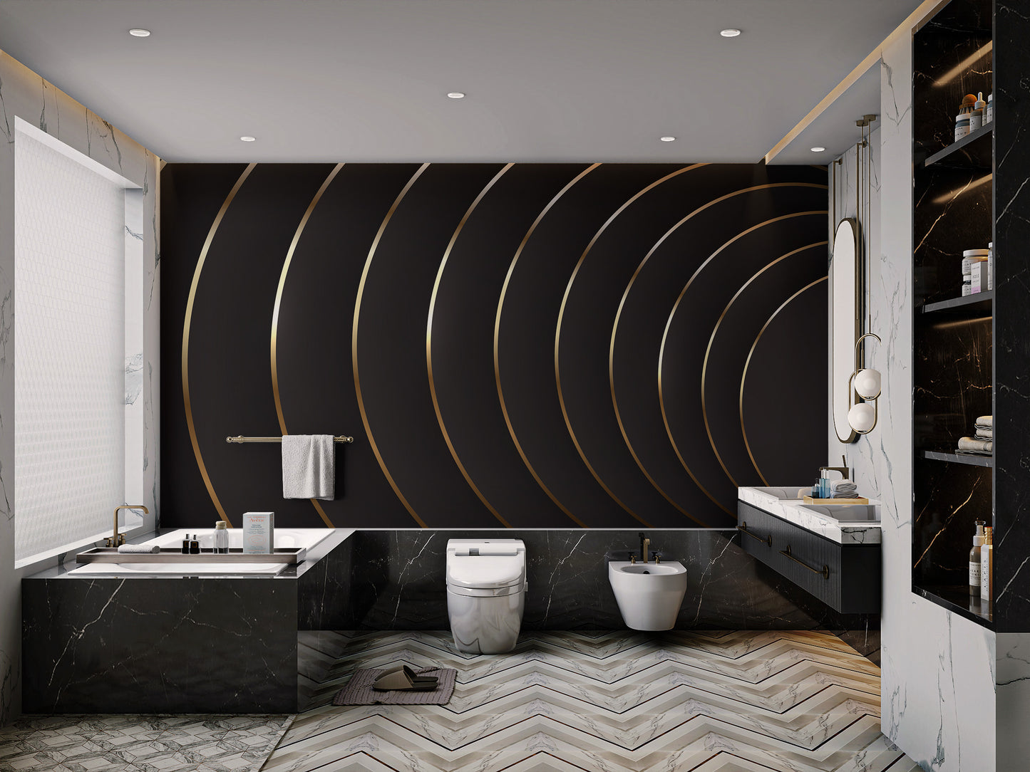 Matte black wallpaper with golden circles
