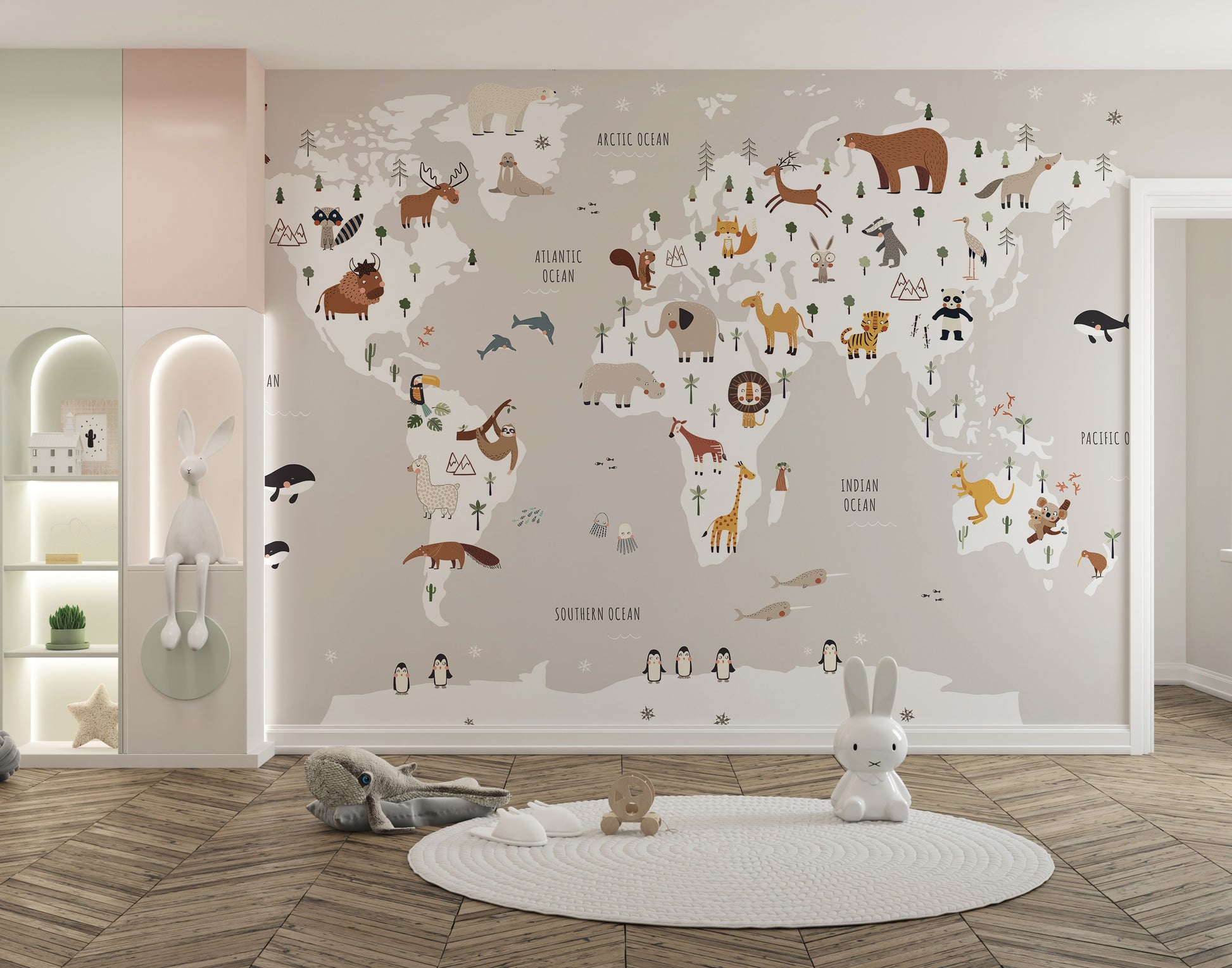 Elegant animal-themed gray world map mural for kids' rooms
