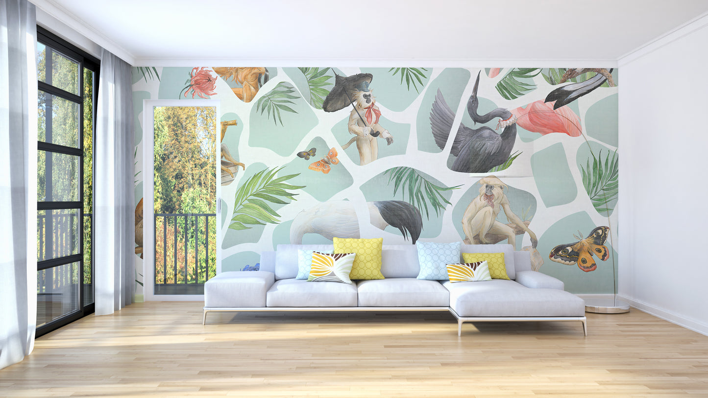 Watercolor Monkey and Birds Wallpaper Mural