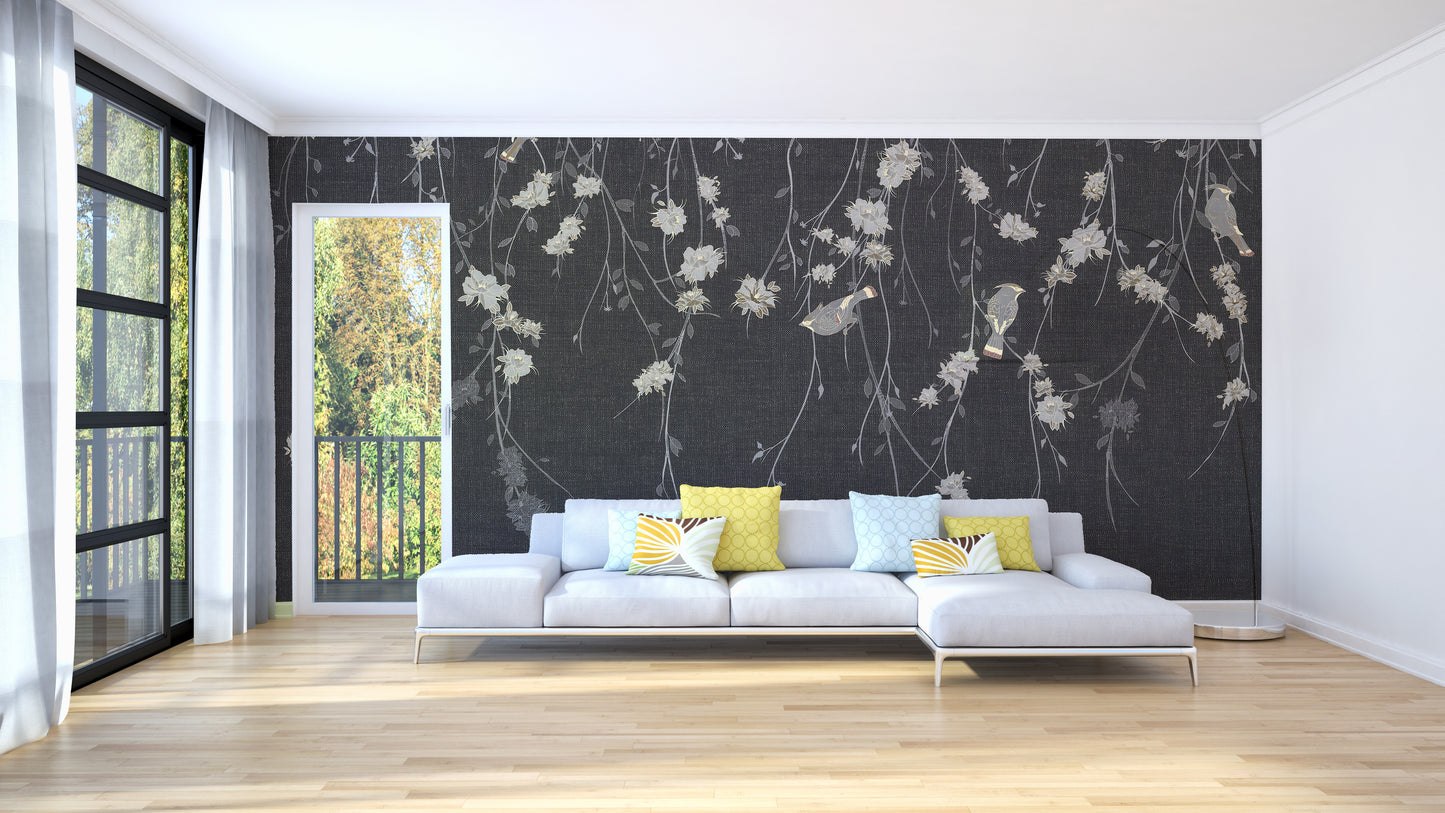 Black Botanical Birds Wall Covering