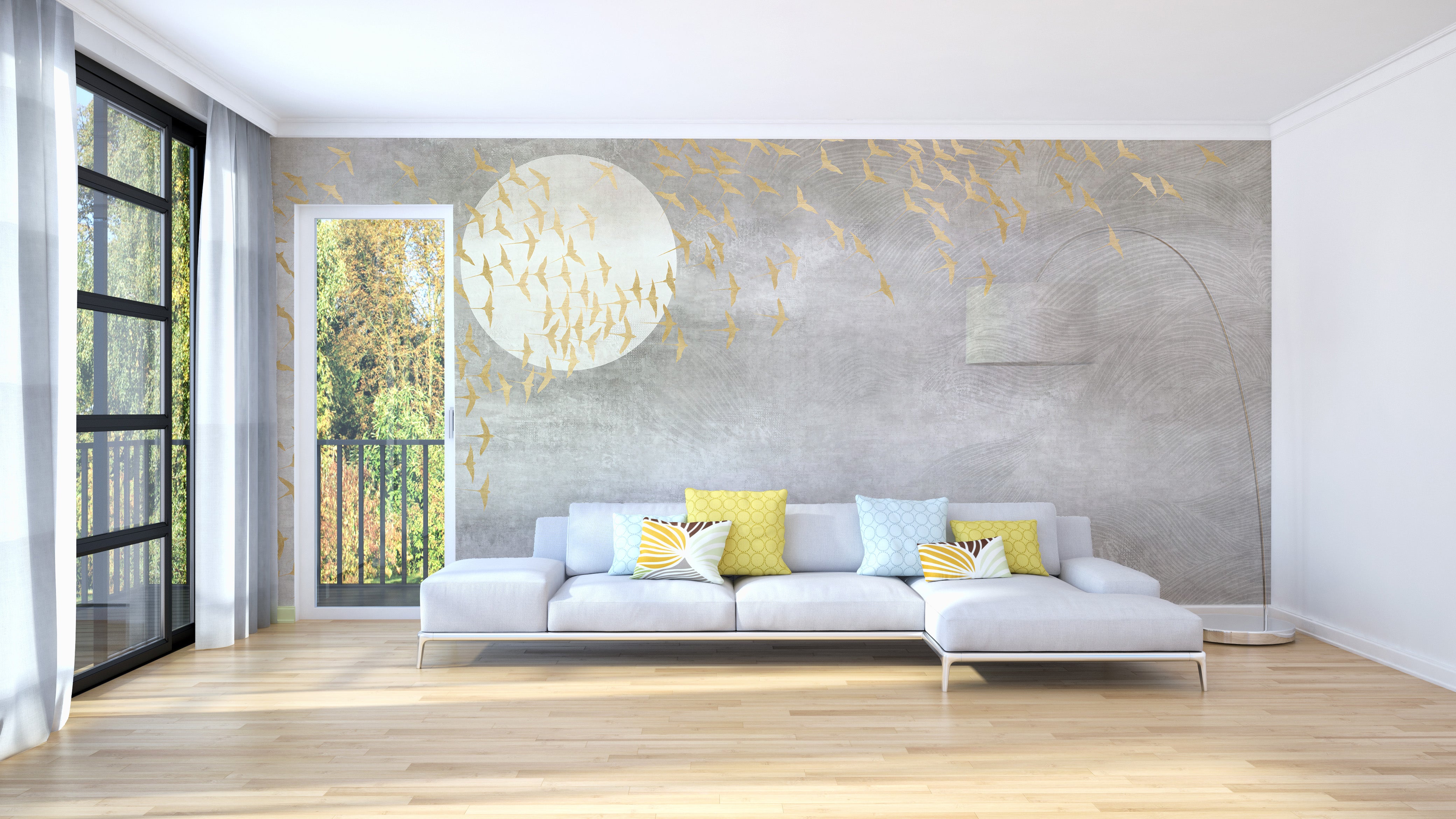 Flying gold birds mural