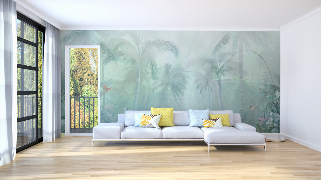 Artistic lush green forest mural for walls
