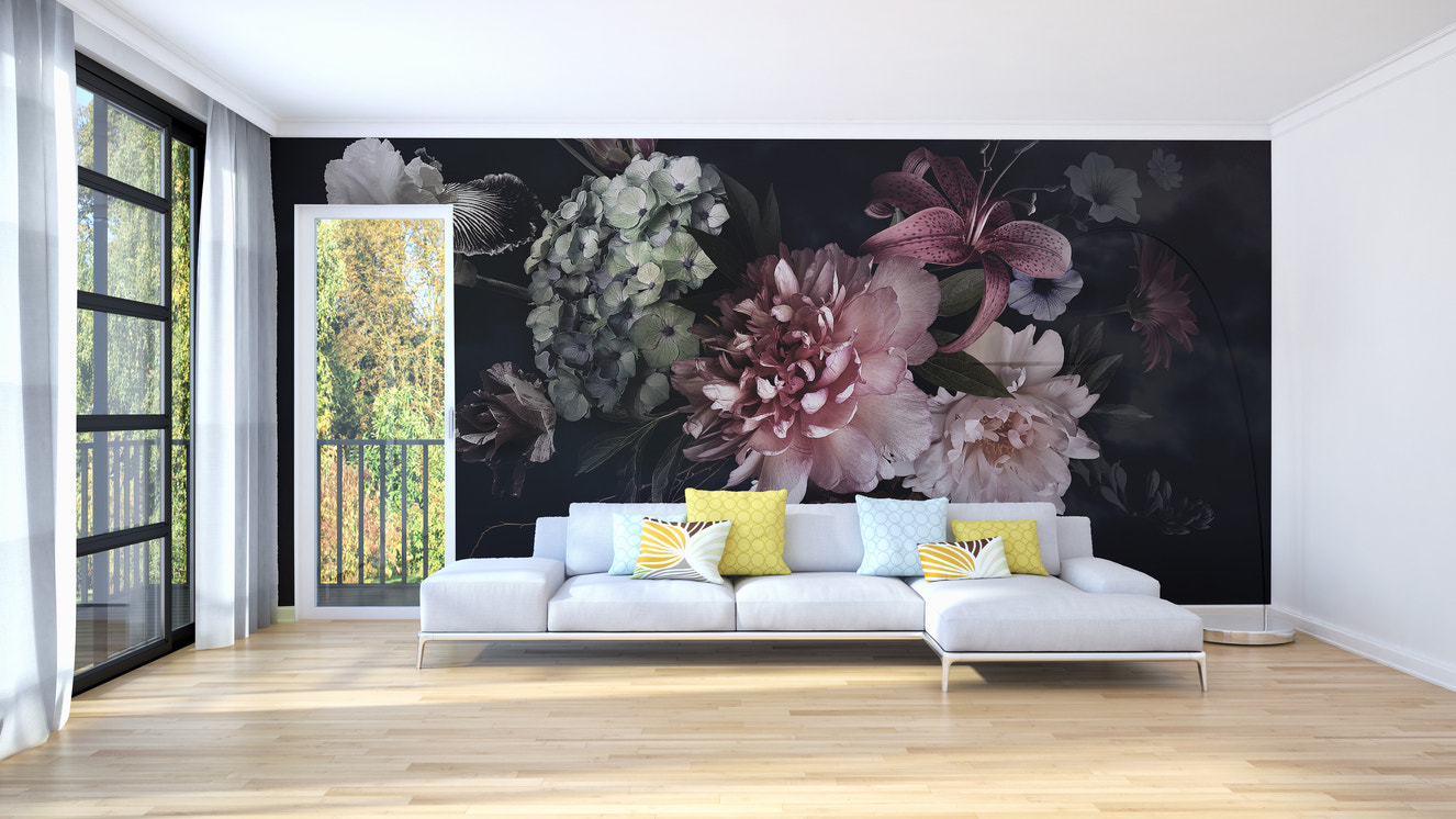 Dark floral vase watercolor mural for walls
