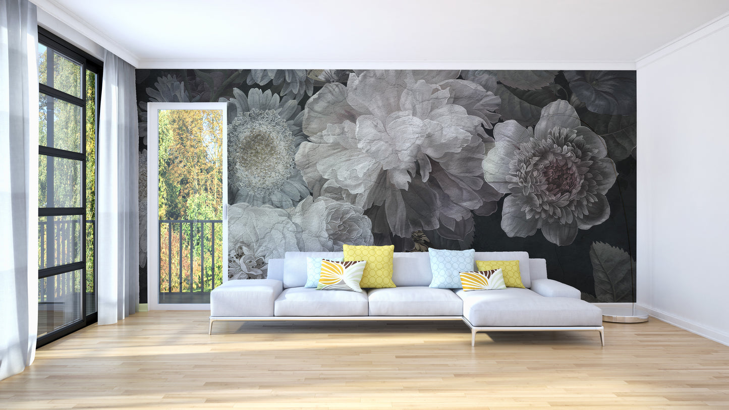 Moody floral canopy mural with white blooms
