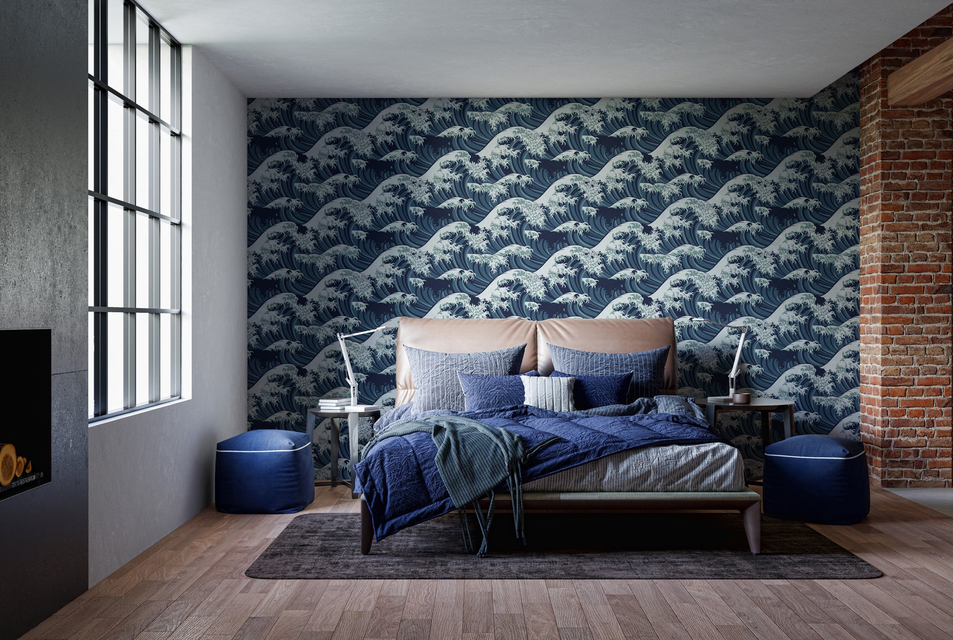 Traditional wave mural in navy and white
