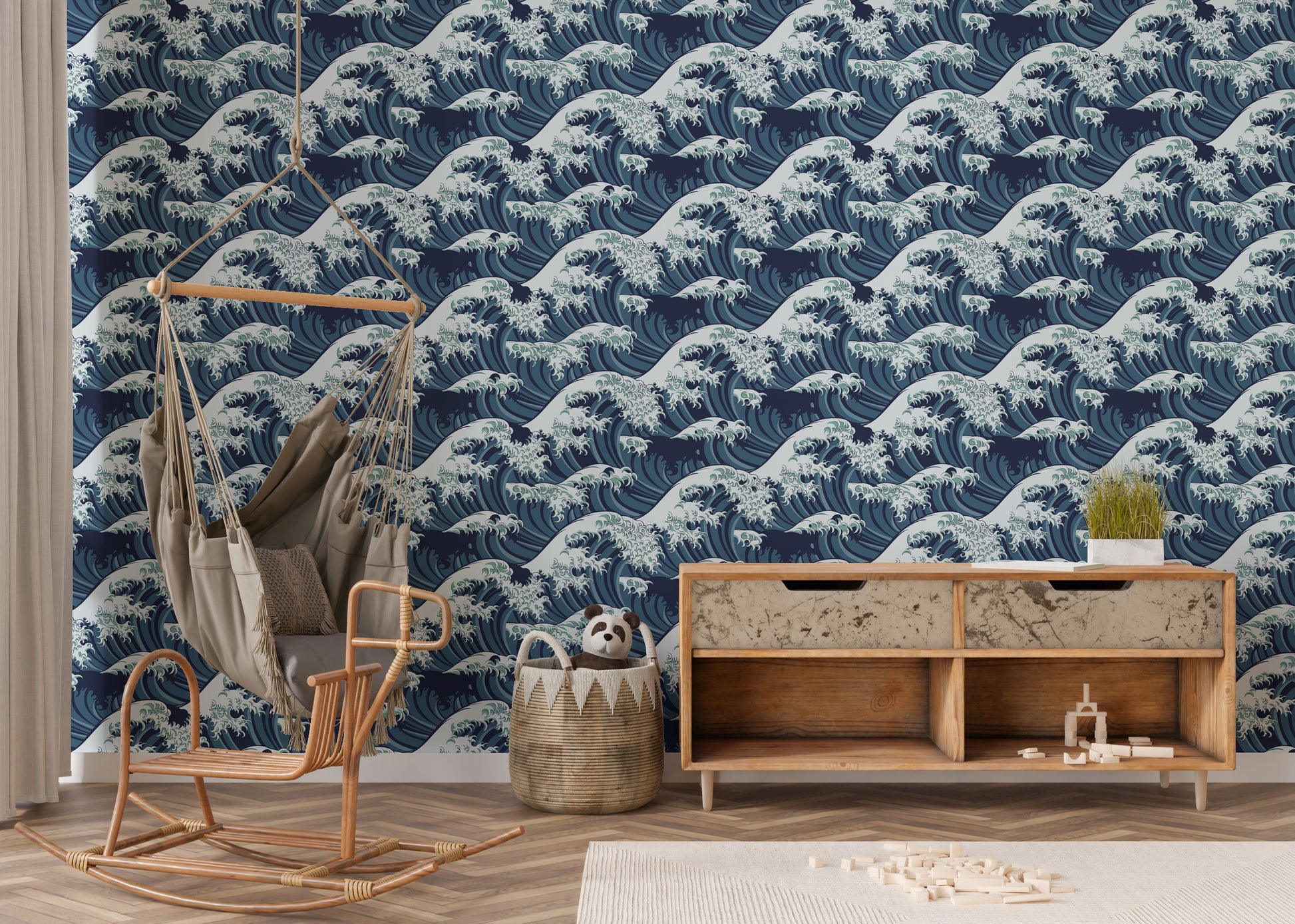 Japanese ocean mural with seamless wave patterns
