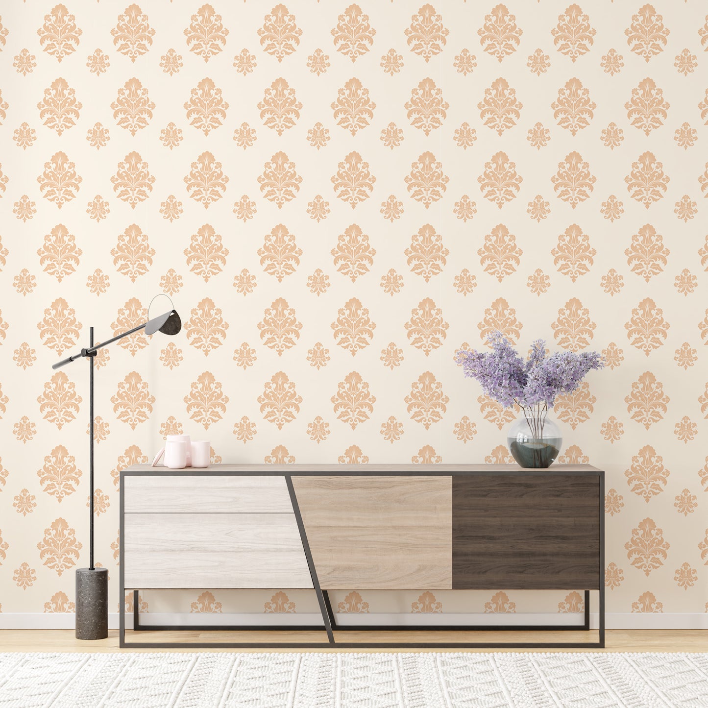 Beige Classical Damask Repeat Pattern Wallpaper