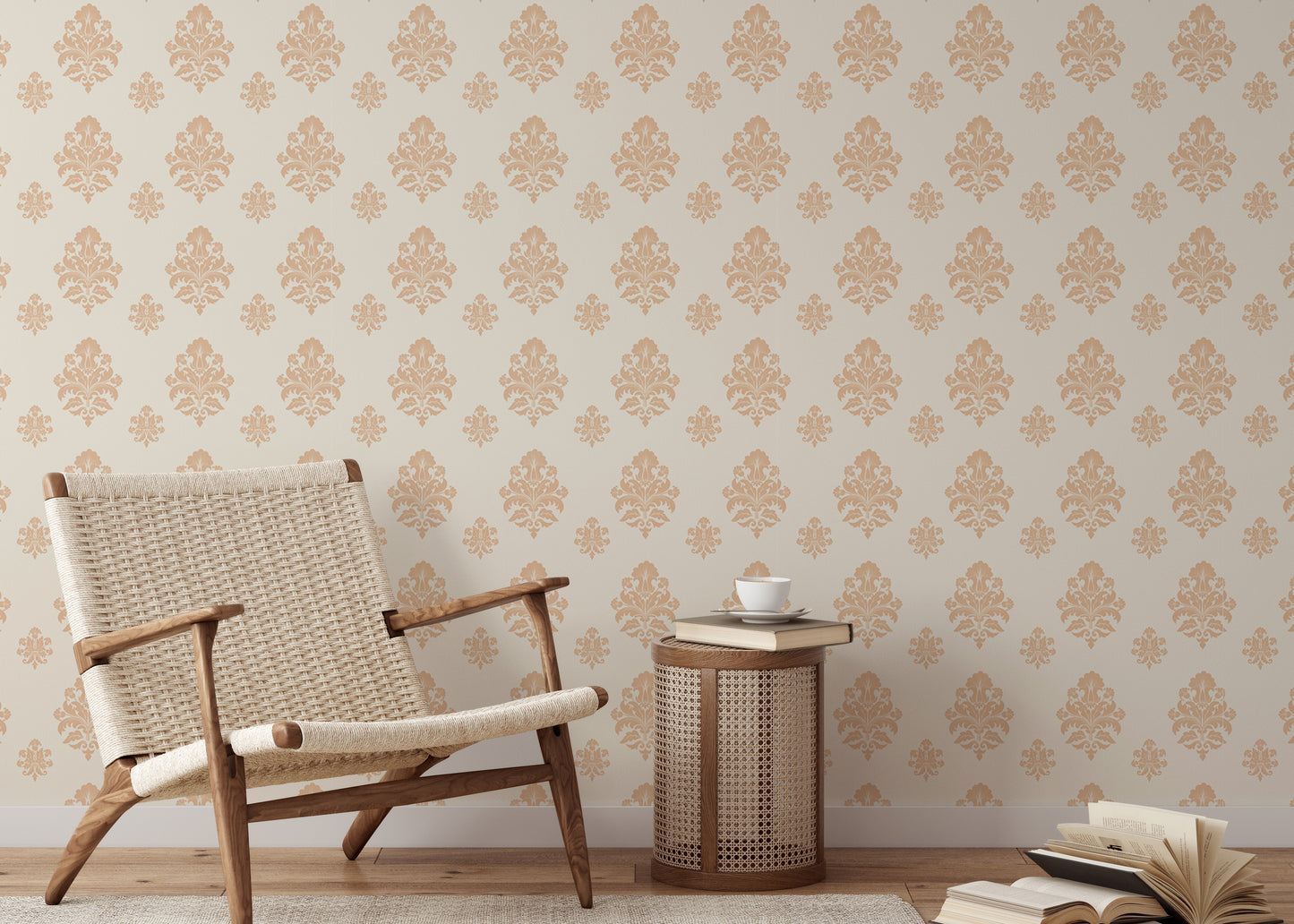 Beige Classical Damask Repeat Pattern Wallpaper